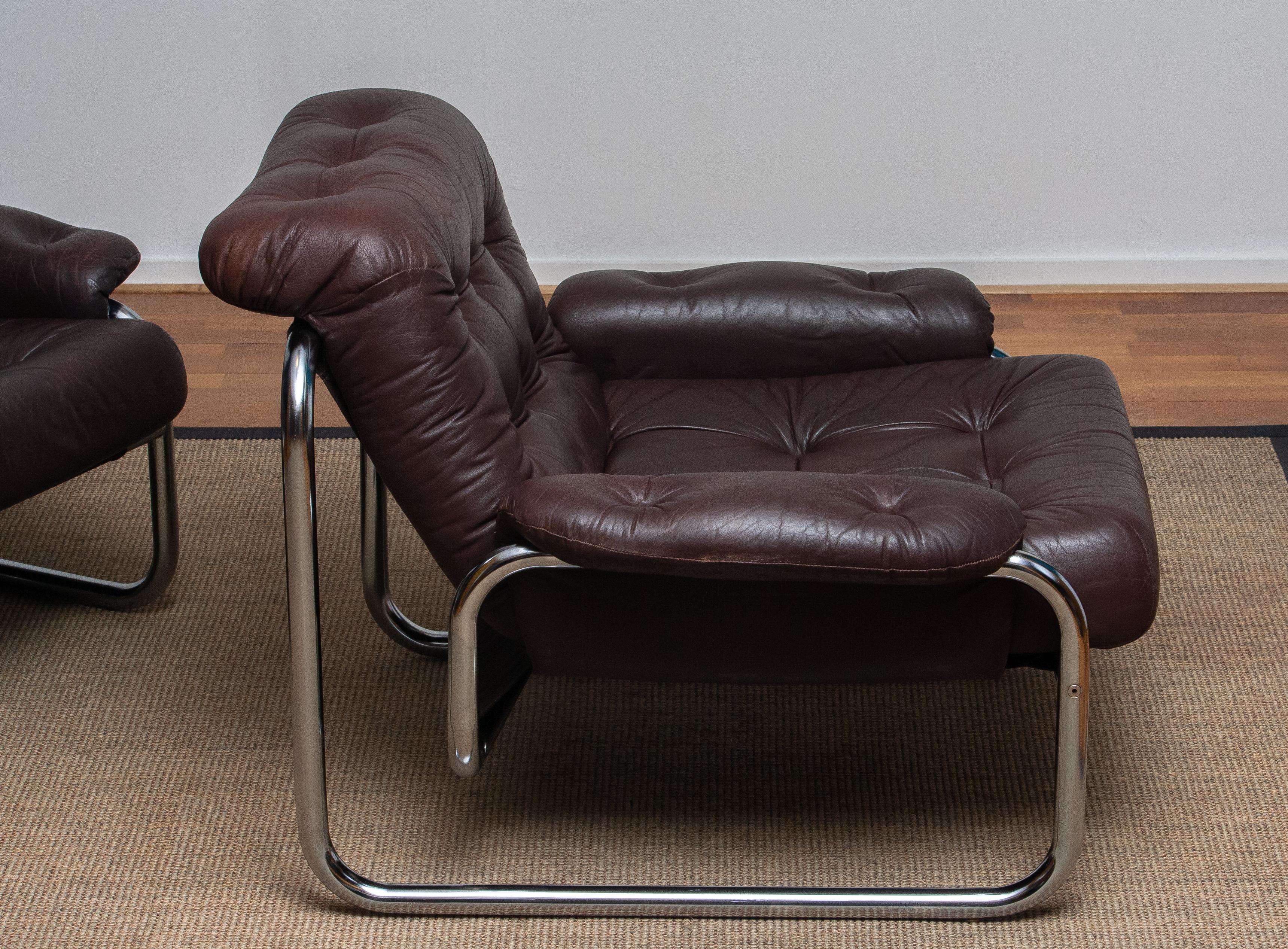 1970s, Pair Tubular Chrome Brown Leather Lounge Chairs by Johan Bertil Häggström 1