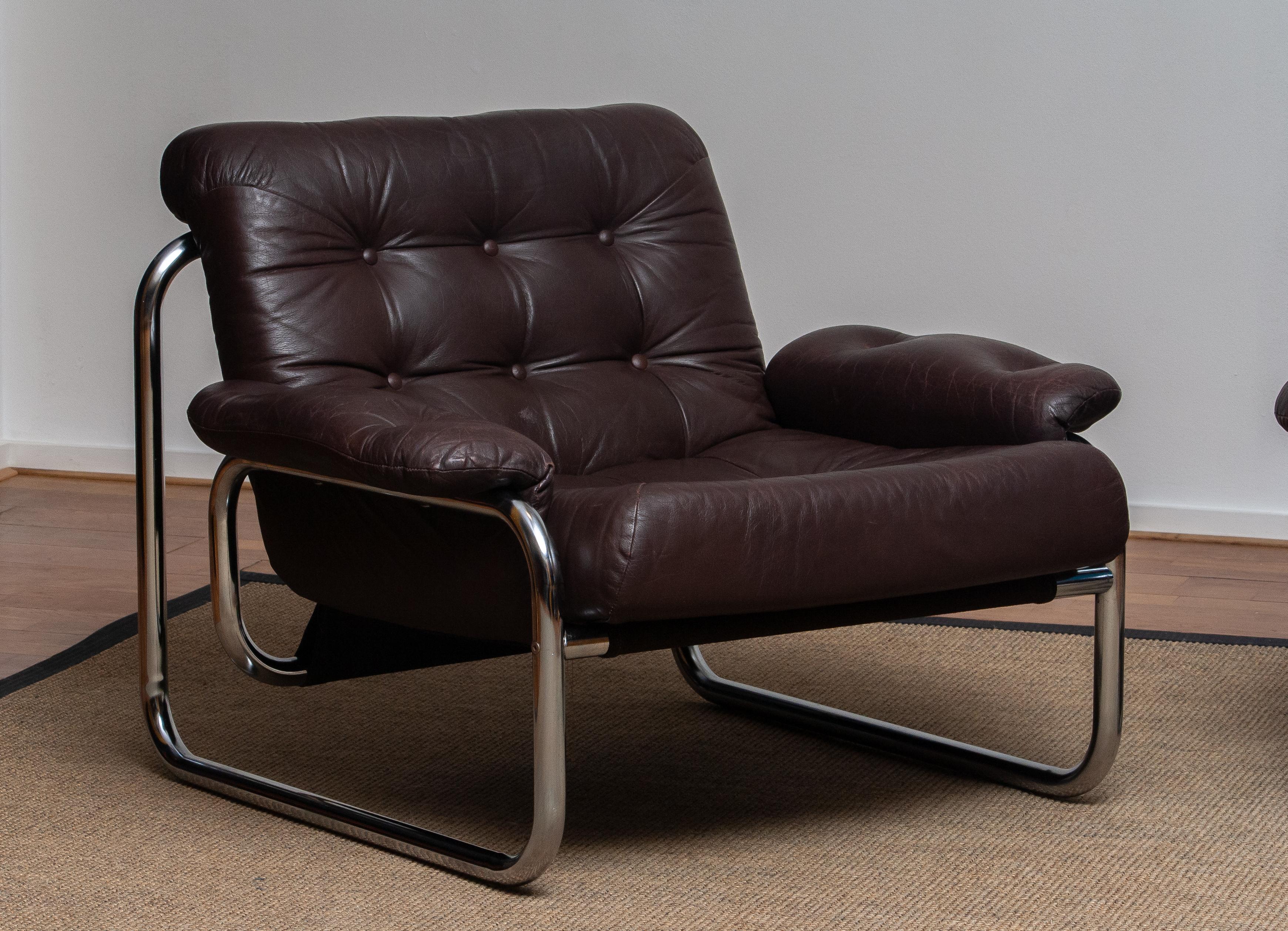 1970s, Pair Tubular Chrome Brown Leather Lounge Chairs by Johan Bertil Häggström 2