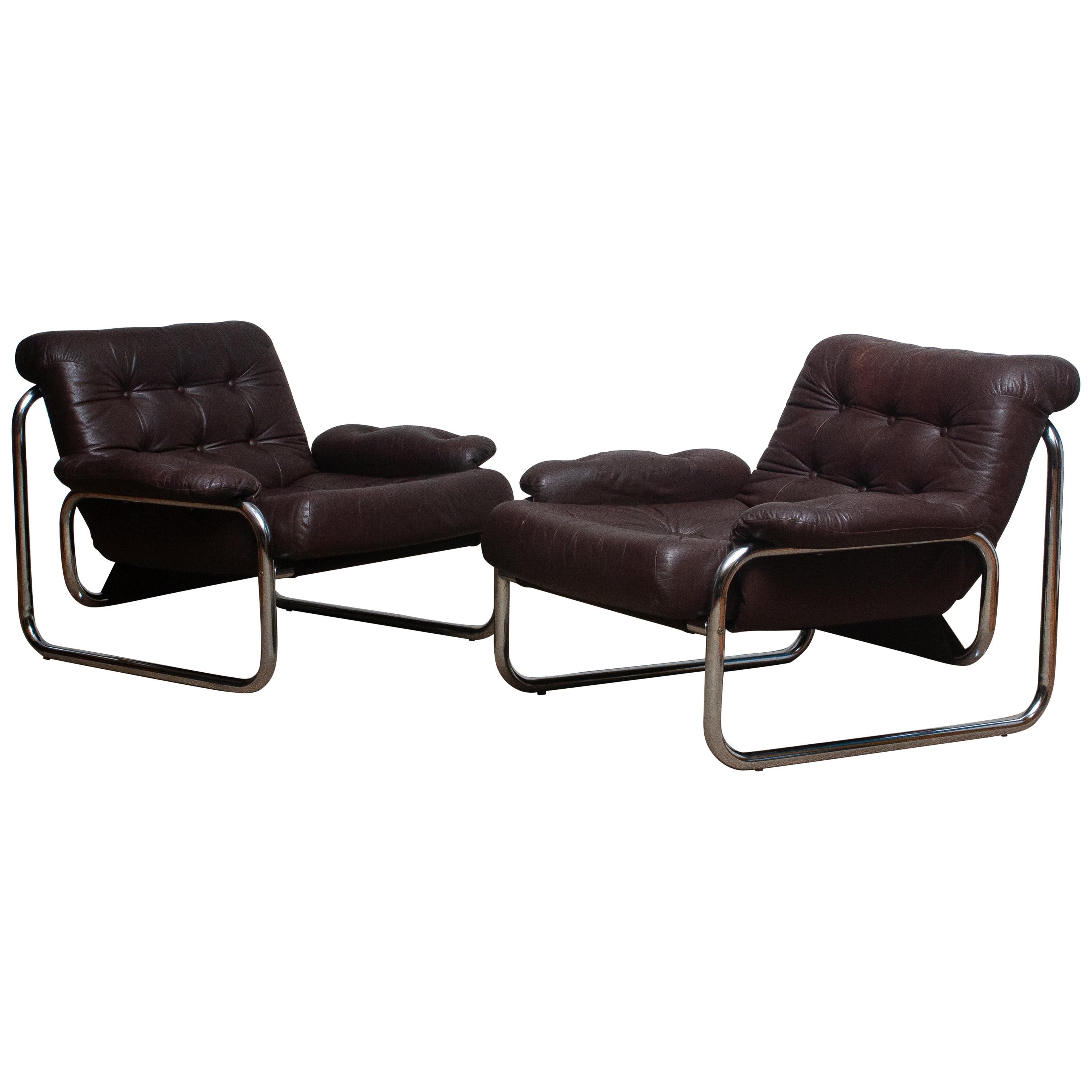 1970s, Pair Tubular Chrome Brown Leather Lounge Chairs by Johan Bertil Häggström