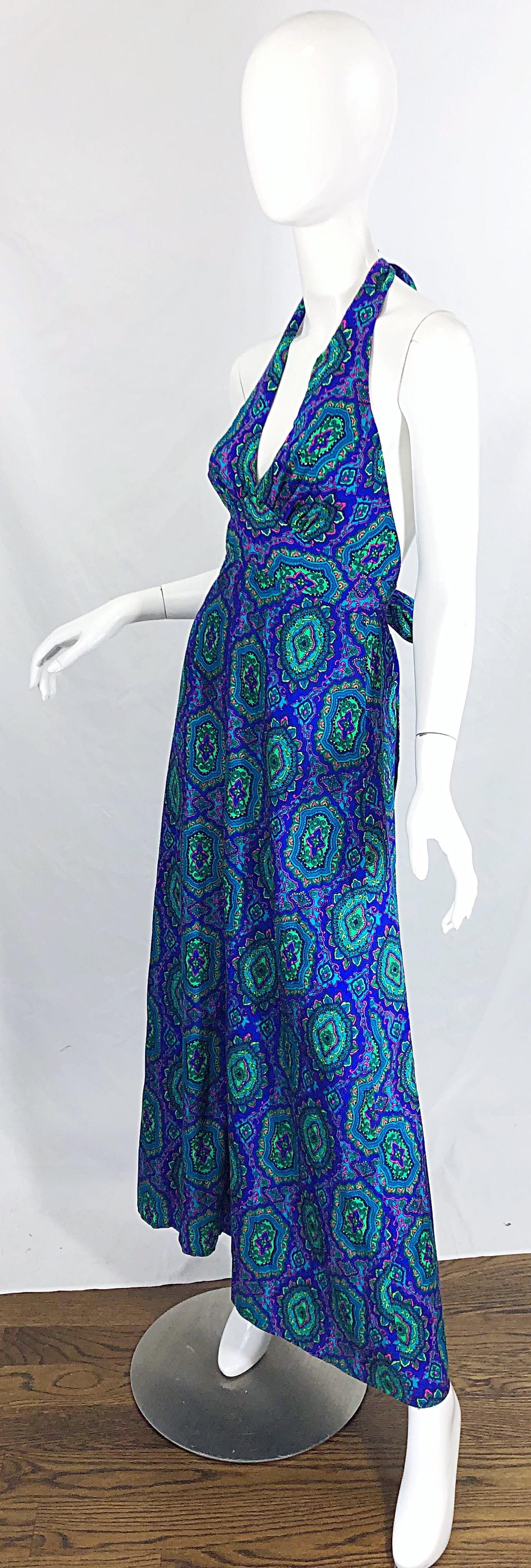 1970s Paisley Purple Blue Green Boho Vintage Cotton Rayon 70s Maxi Halter Dress For Sale 3