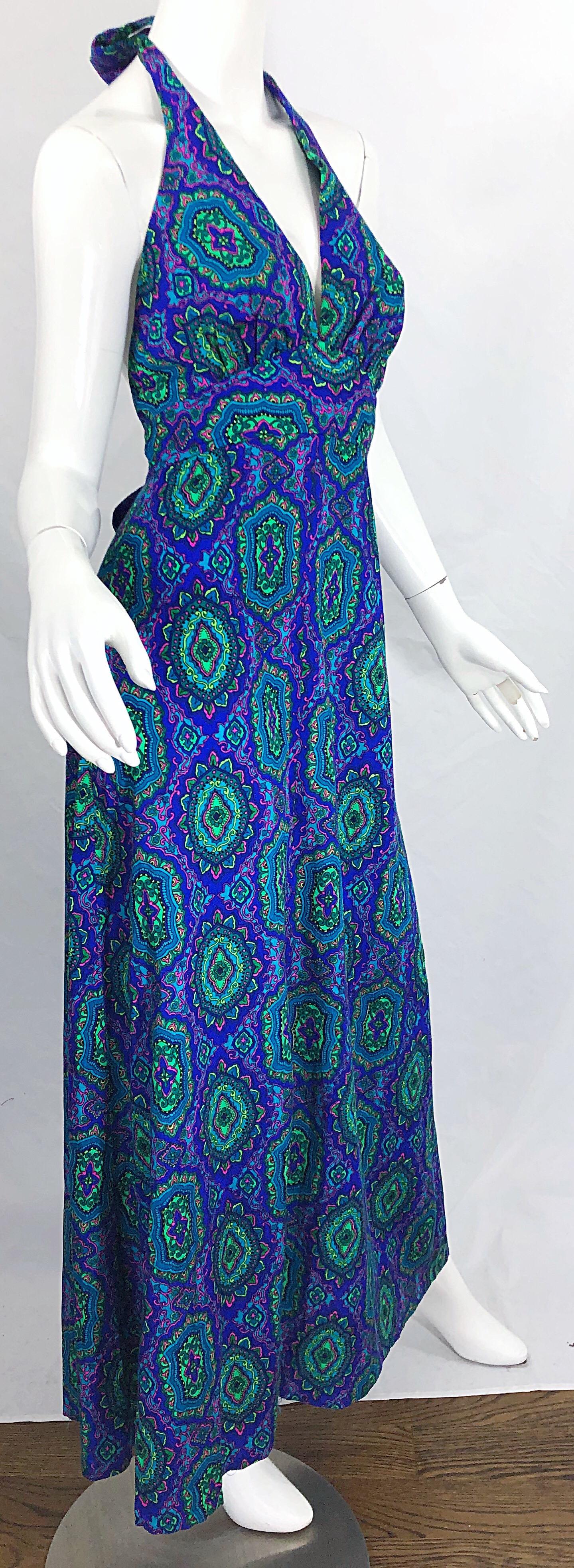 1970s Paisley Purple Blue Green Boho Vintage Cotton Rayon 70s Maxi Halter Dress For Sale 4