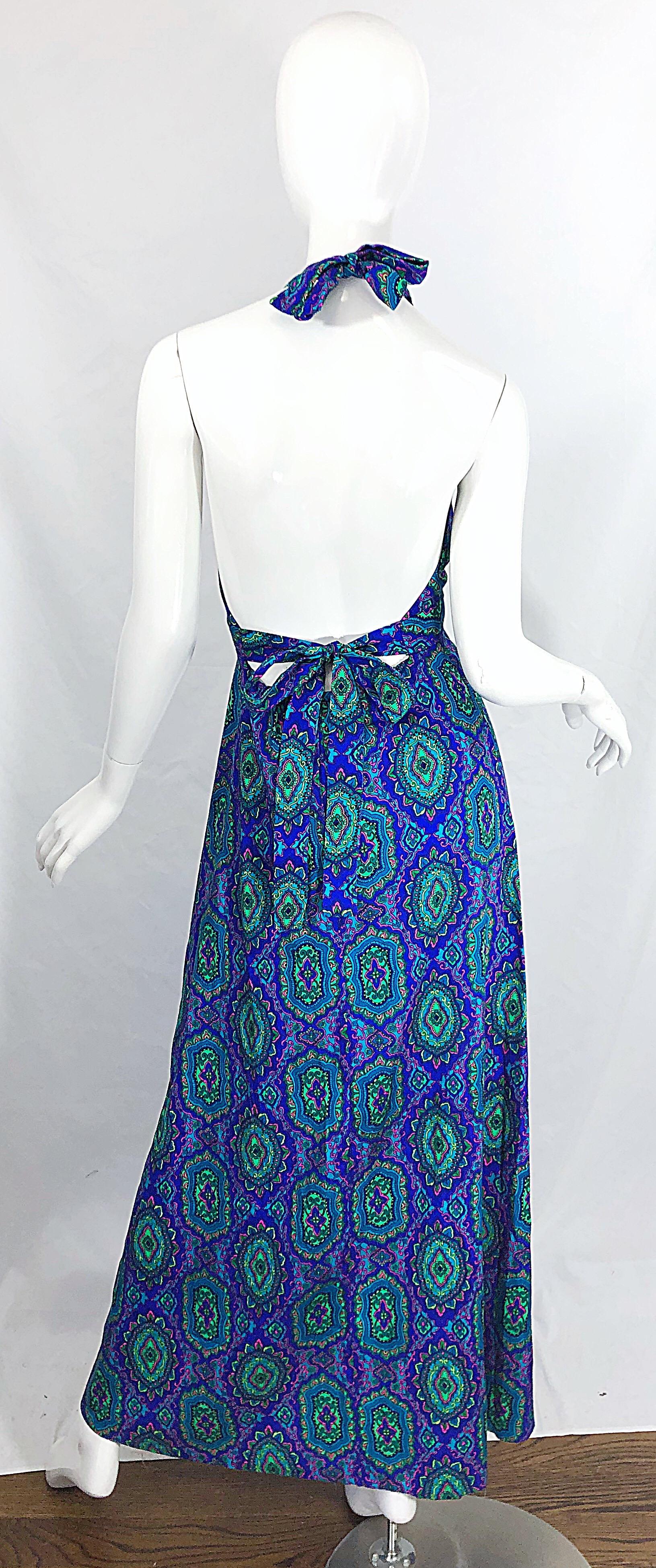 1970s Paisley Purple Blue Green Boho Vintage Cotton Rayon 70s Maxi Halter Dress For Sale 5
