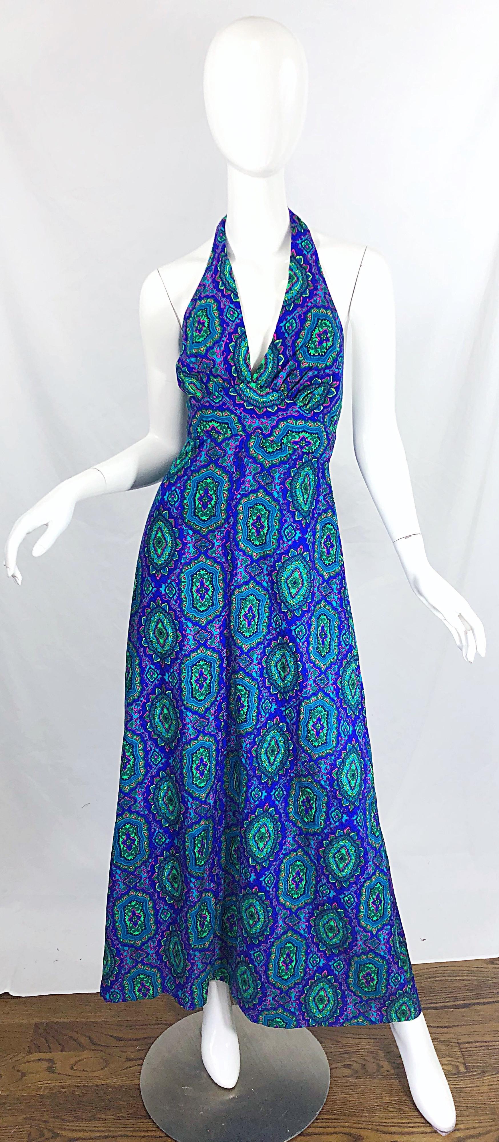 1970s Paisley Purple Blue Green Boho Vintage Cotton Rayon 70s Maxi Halter Dress For Sale 6