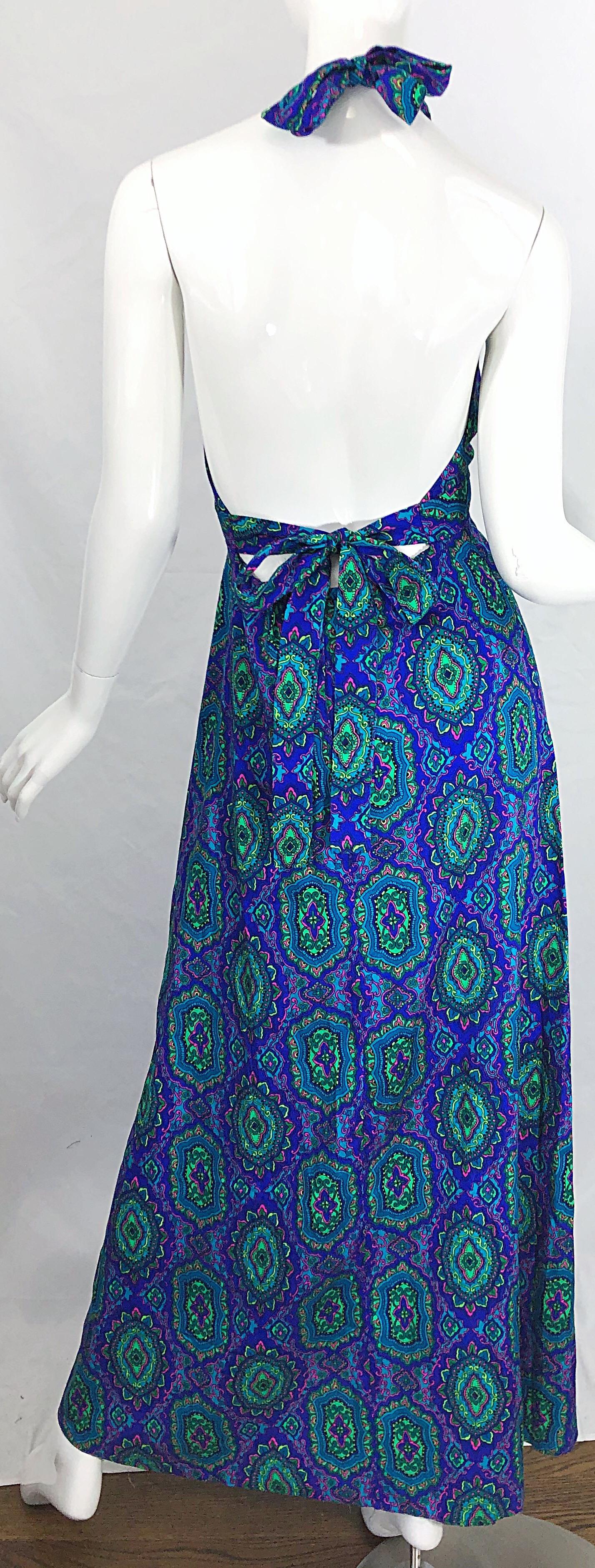 1970s Paisley Purple Blue Green Boho Vintage Cotton Rayon 70s Maxi Halter Dress In Excellent Condition For Sale In San Diego, CA