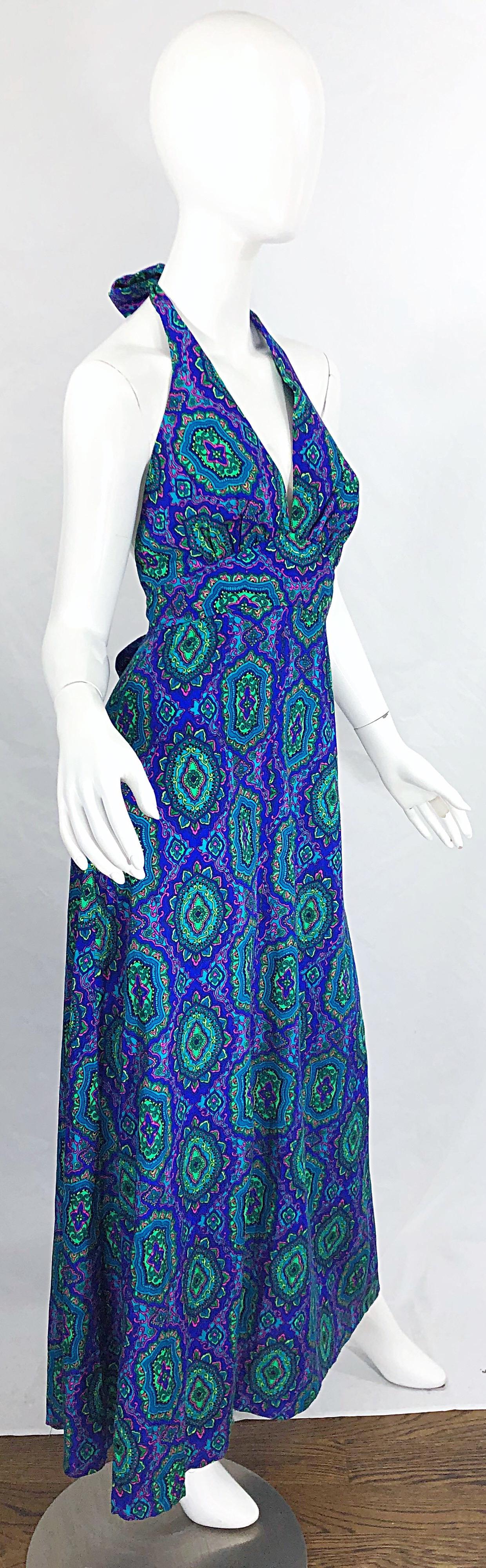Women's 1970s Paisley Purple Blue Green Boho Vintage Cotton Rayon 70s Maxi Halter Dress For Sale