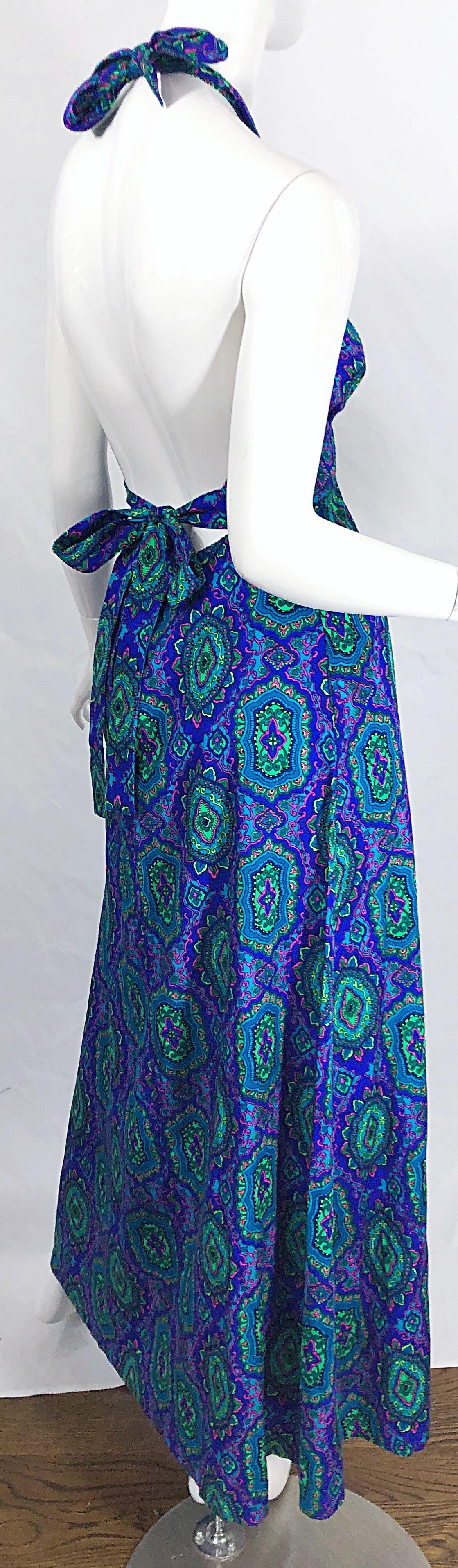 1970s Paisley Purple Blue Green Boho Vintage Cotton Rayon 70s Maxi Halter Dress For Sale 1