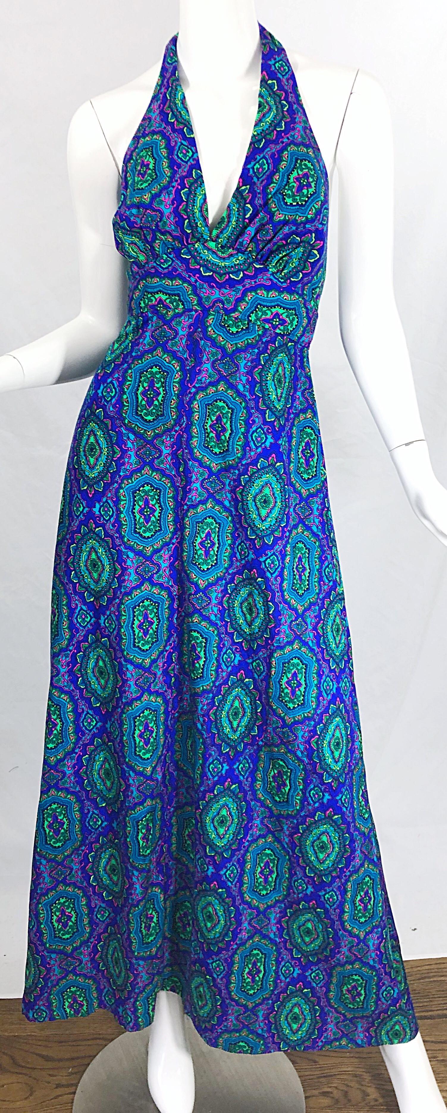 1970s Paisley Purple Blue Green Boho Vintage Cotton Rayon 70s Maxi Halter Dress For Sale 2