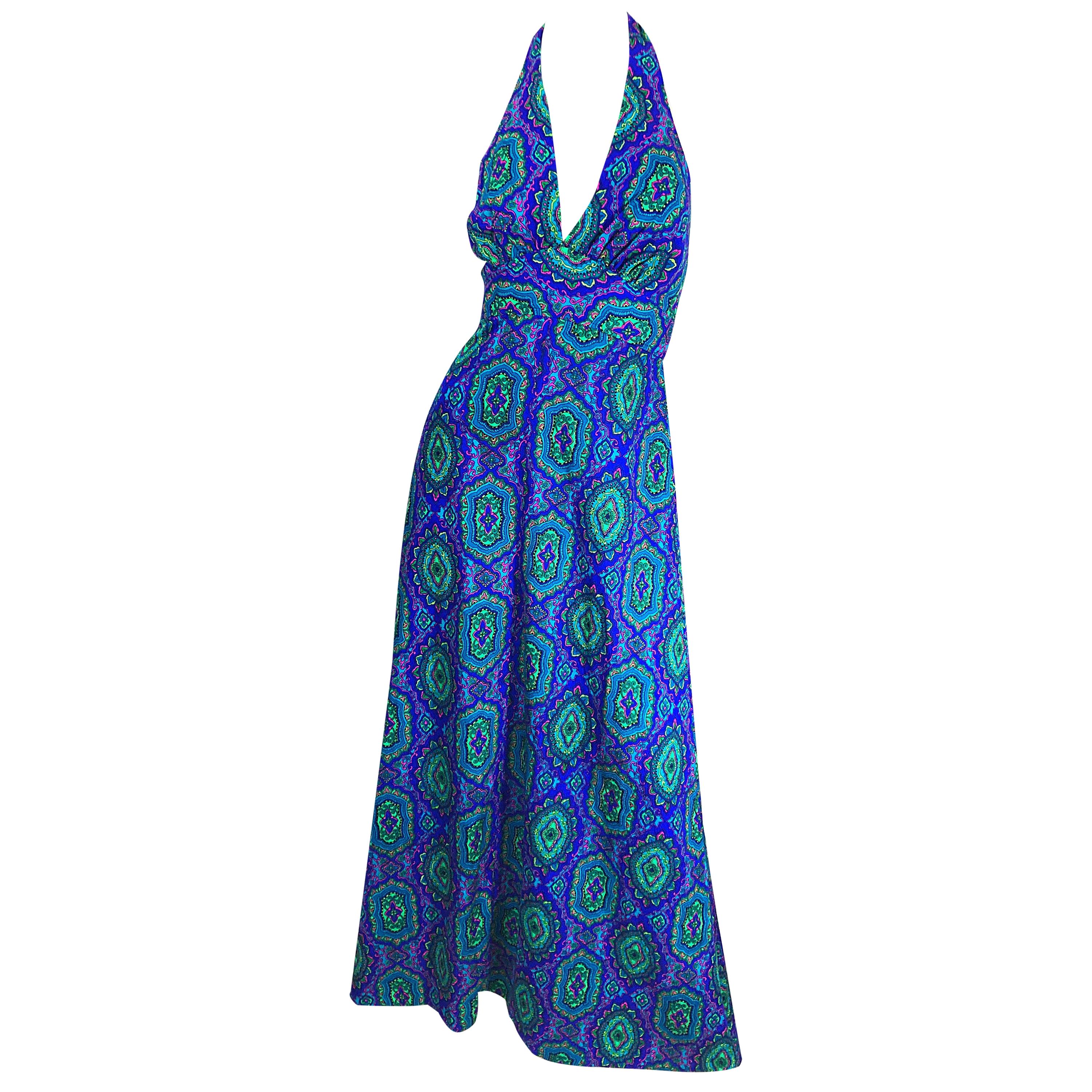 Boho Vintage 70er Jahre Maxi-Halterkleid aus Baumwolle und Viskose mit lila-blau-grünem Paisleymuster