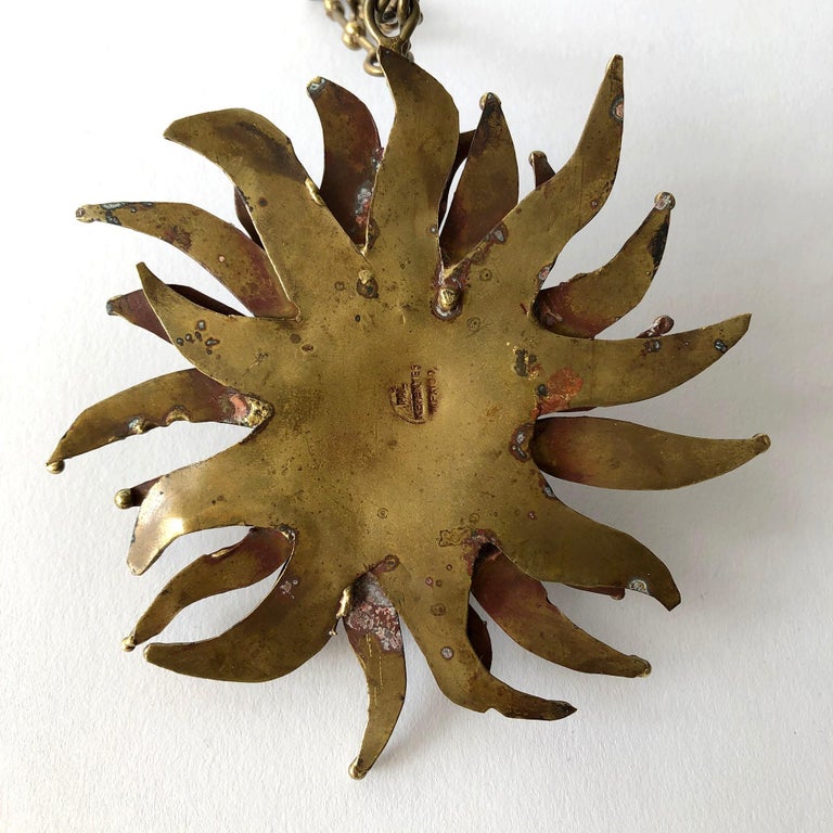 Artisan 1970s Pal Kepenyes Bronze Glass Lion Sun Necklace For Sale