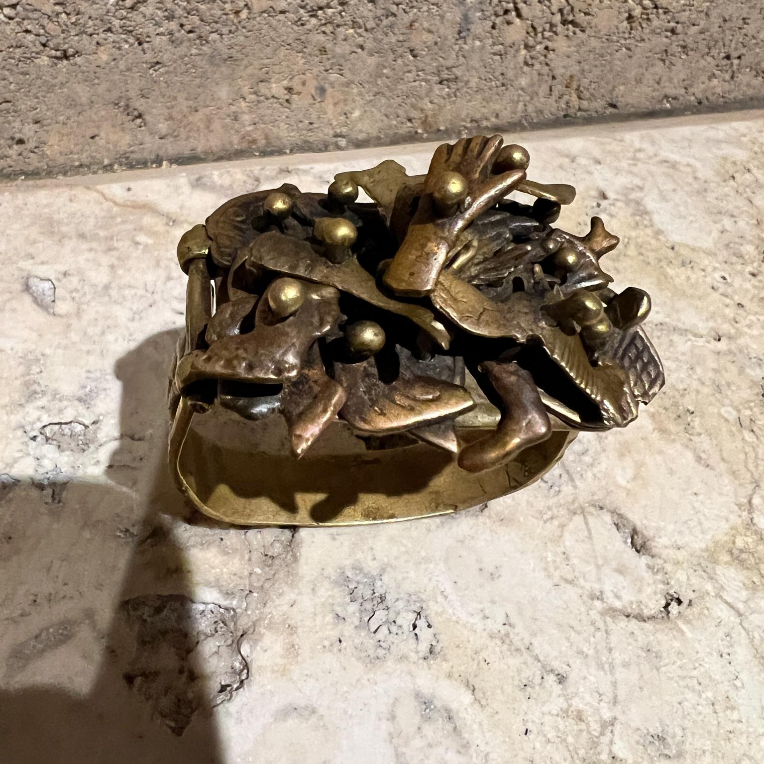 Mexican 1970s Pal Kepenyes Brutalist Brass Cuff Bracelet Milagros For Sale