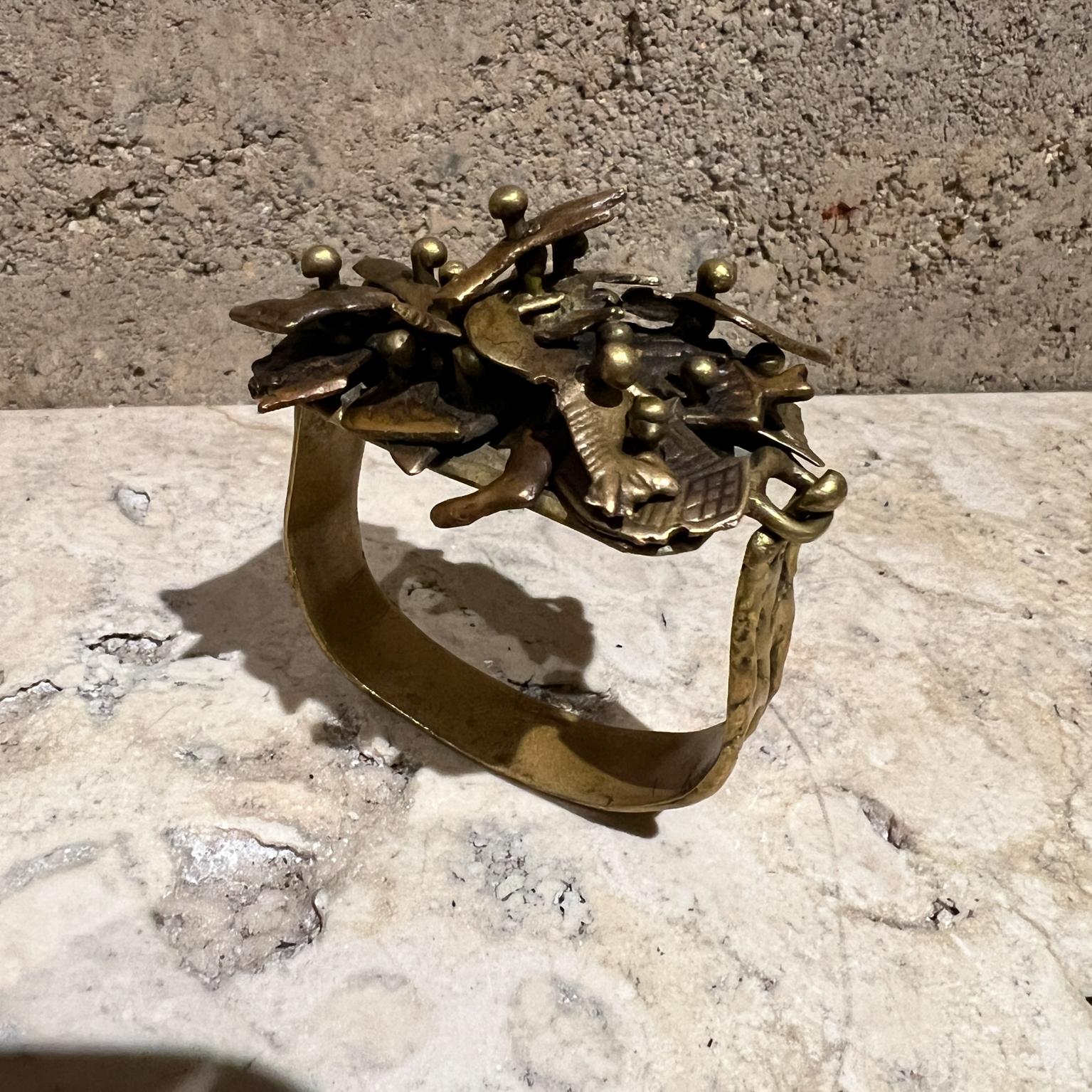 1970s Pal Kepenyes Brutalist Brass Cuff Bracelet Milagros In Good Condition For Sale In Chula Vista, CA