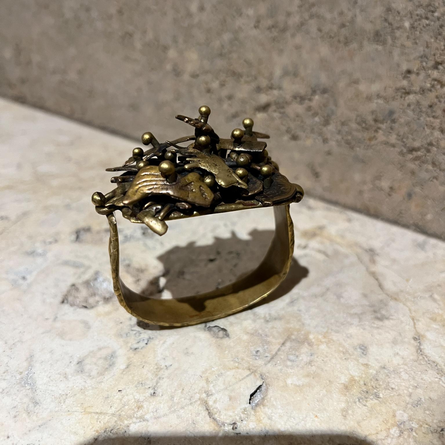 1970s Pal Kepenyes Brutalist Brass Cuff Bracelet Milagros For Sale 1