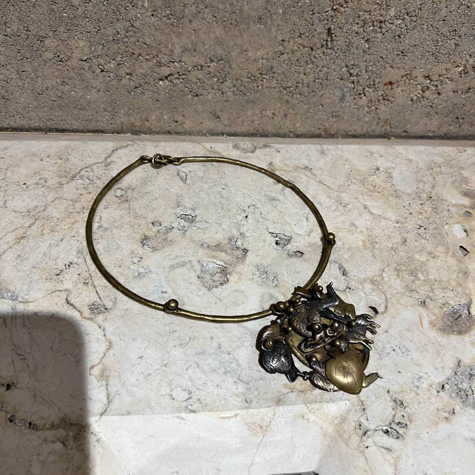 1970s Pal Kepenyes Brutalist Brass Necklace Milagros Series For Sale 5