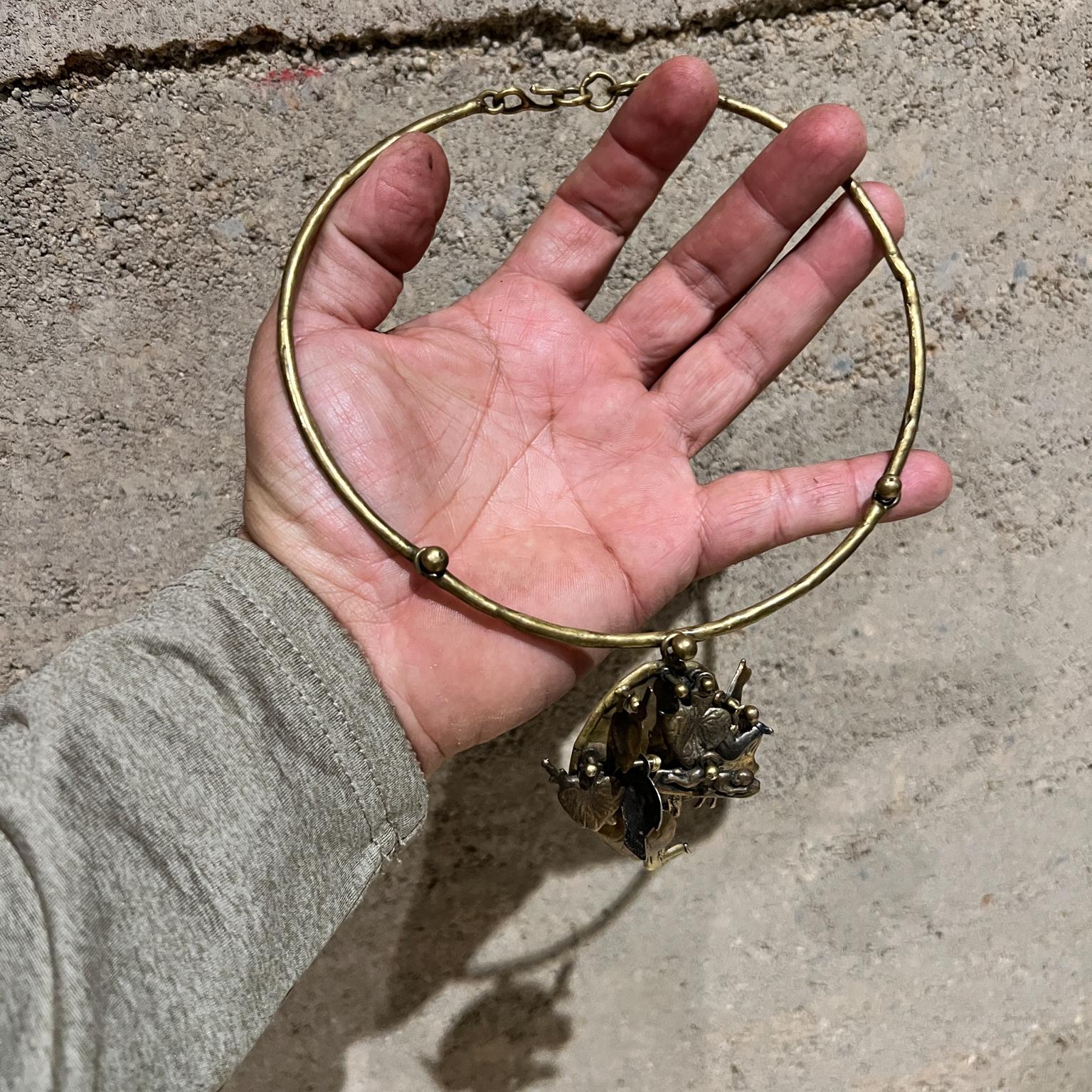 1970s Pal Kepenyes Brutalist Brass Necklace Milagros Series For Sale 6