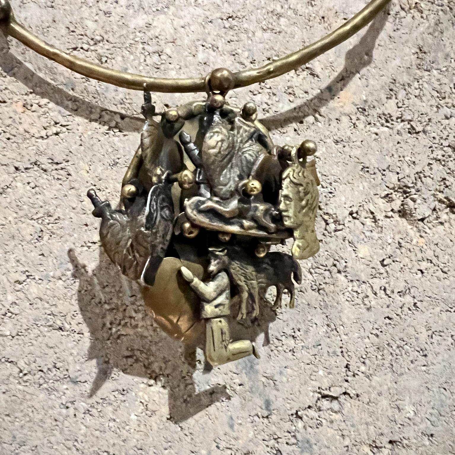 Mid-Century Modern 1970s Pal Kepenyes Brutalist Brass Necklace Milagros Series For Sale
