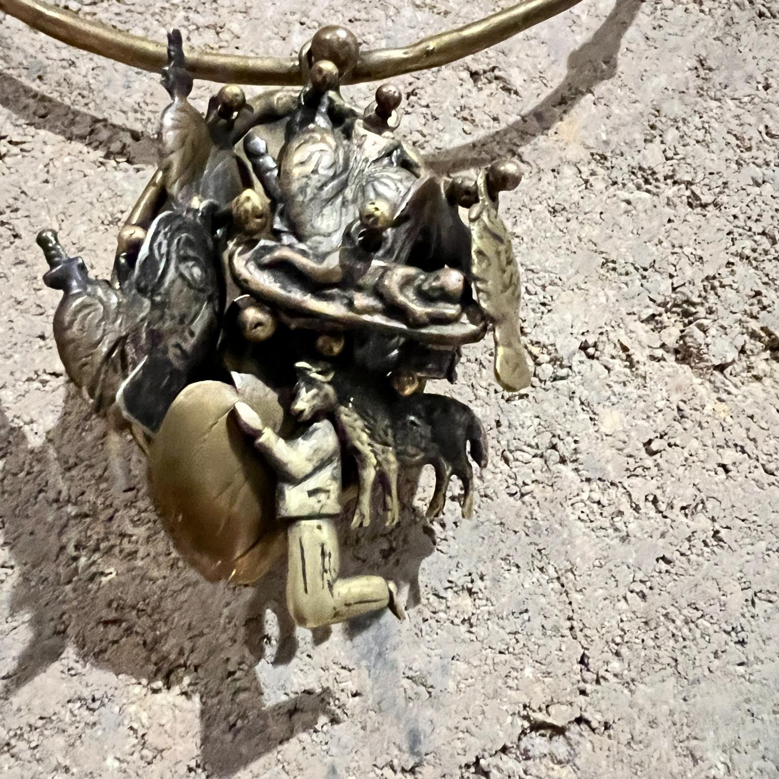 1970s Pal Kepenyes Brutalist Brass Necklace Milagros Series For Sale 1