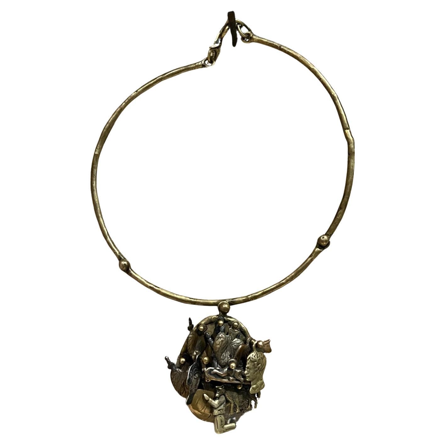 1970s Pal Kepenyes Brutalist Brass Necklace Milagros Series