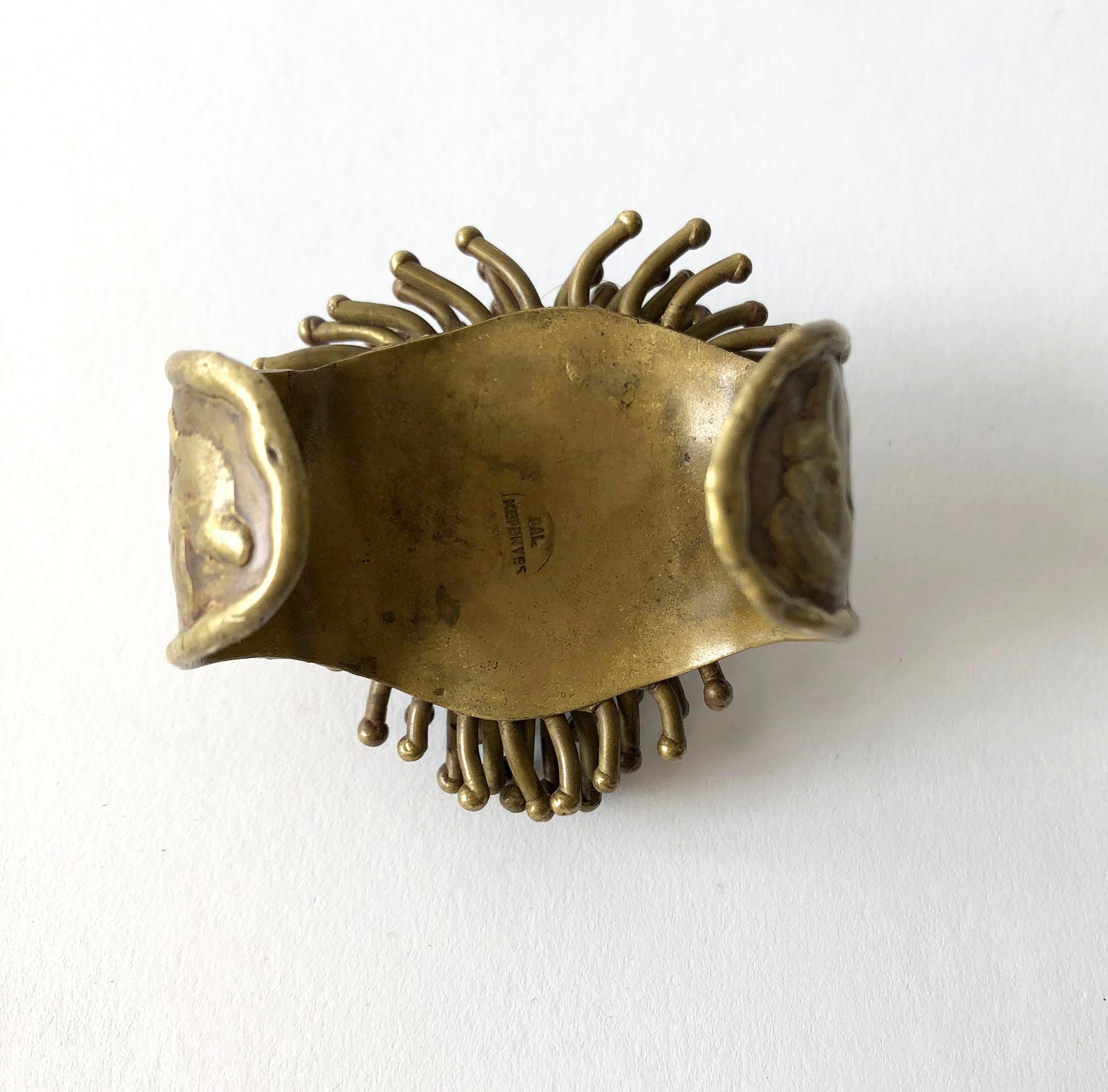 Artisan 1970s Pal Kepenyes Mexican Modernist Bronze Glass Eyed Lion Cuff Bracelet