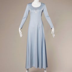 1970s Pale Blue Jersey Knit Maxi Dress with Prong-Set Rhinestones + Long Sleeves