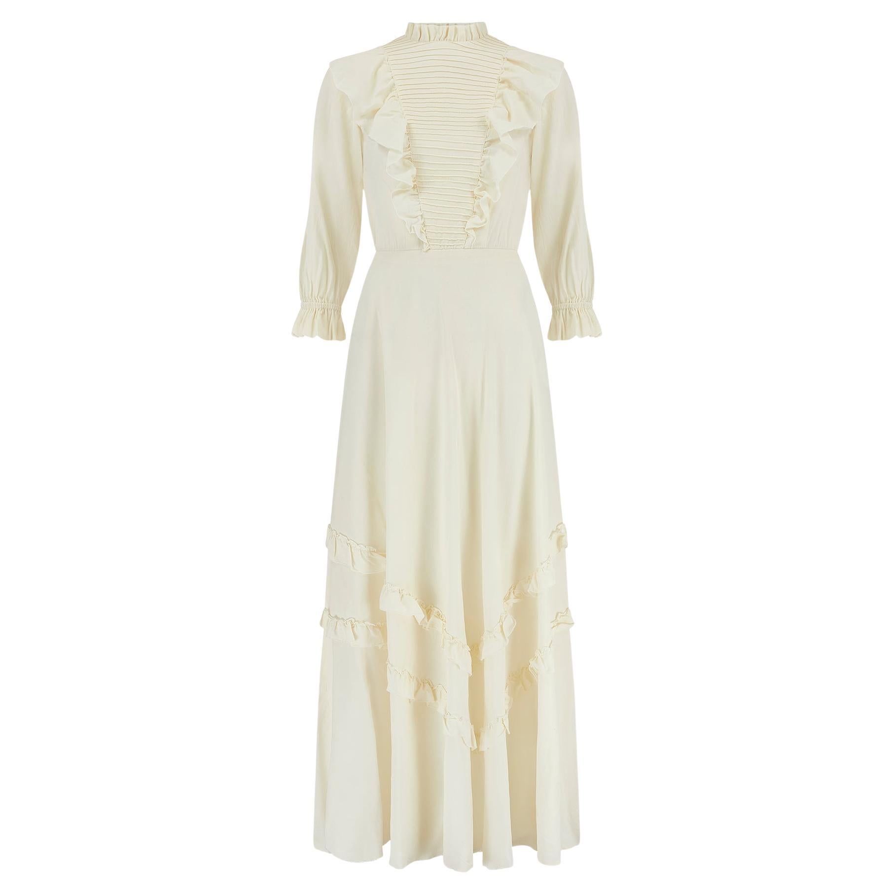 1970s Pale Cream Pintuck Maxi Dress For Sale