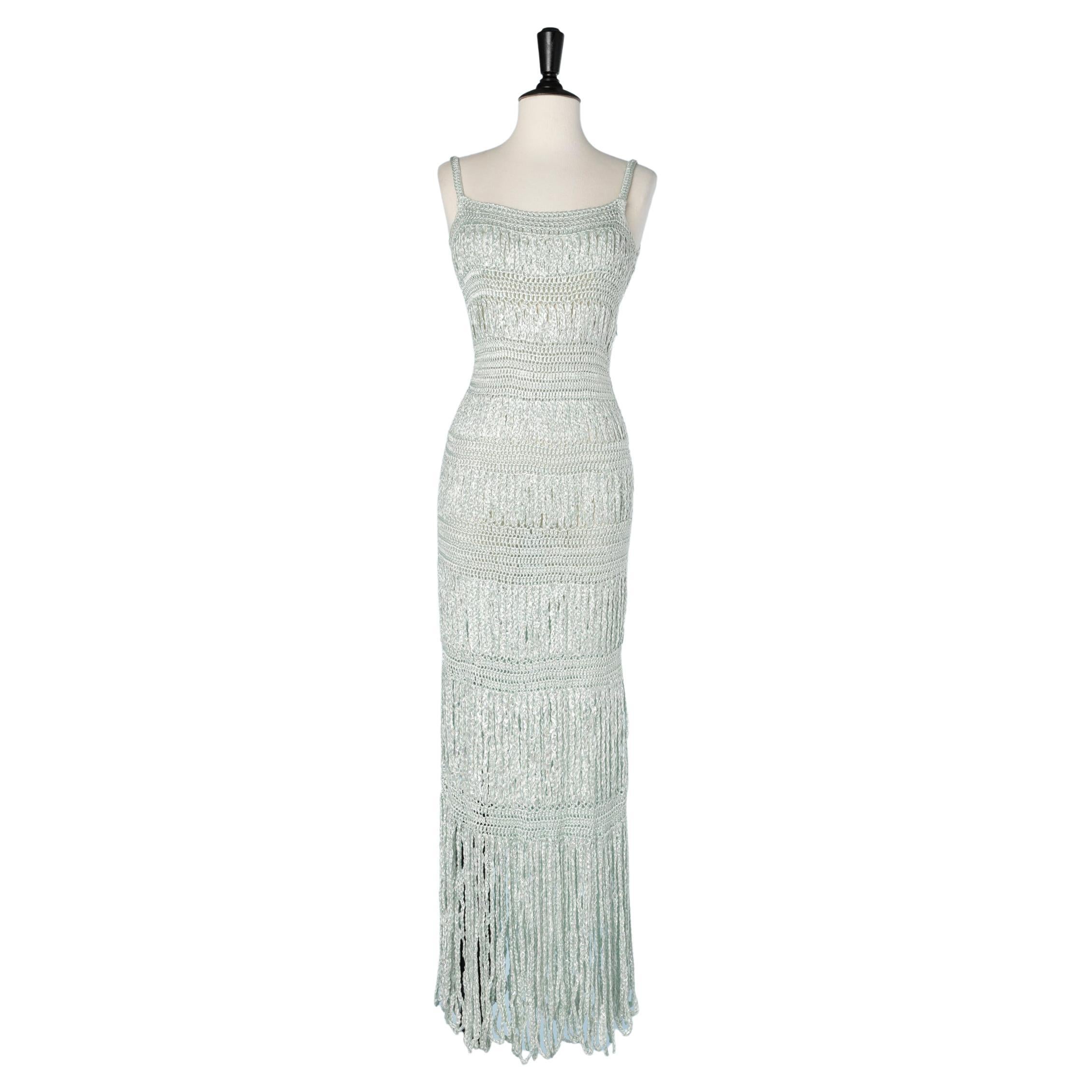 1970's Pale green dress in knit mix with iridescent plastic tape 
