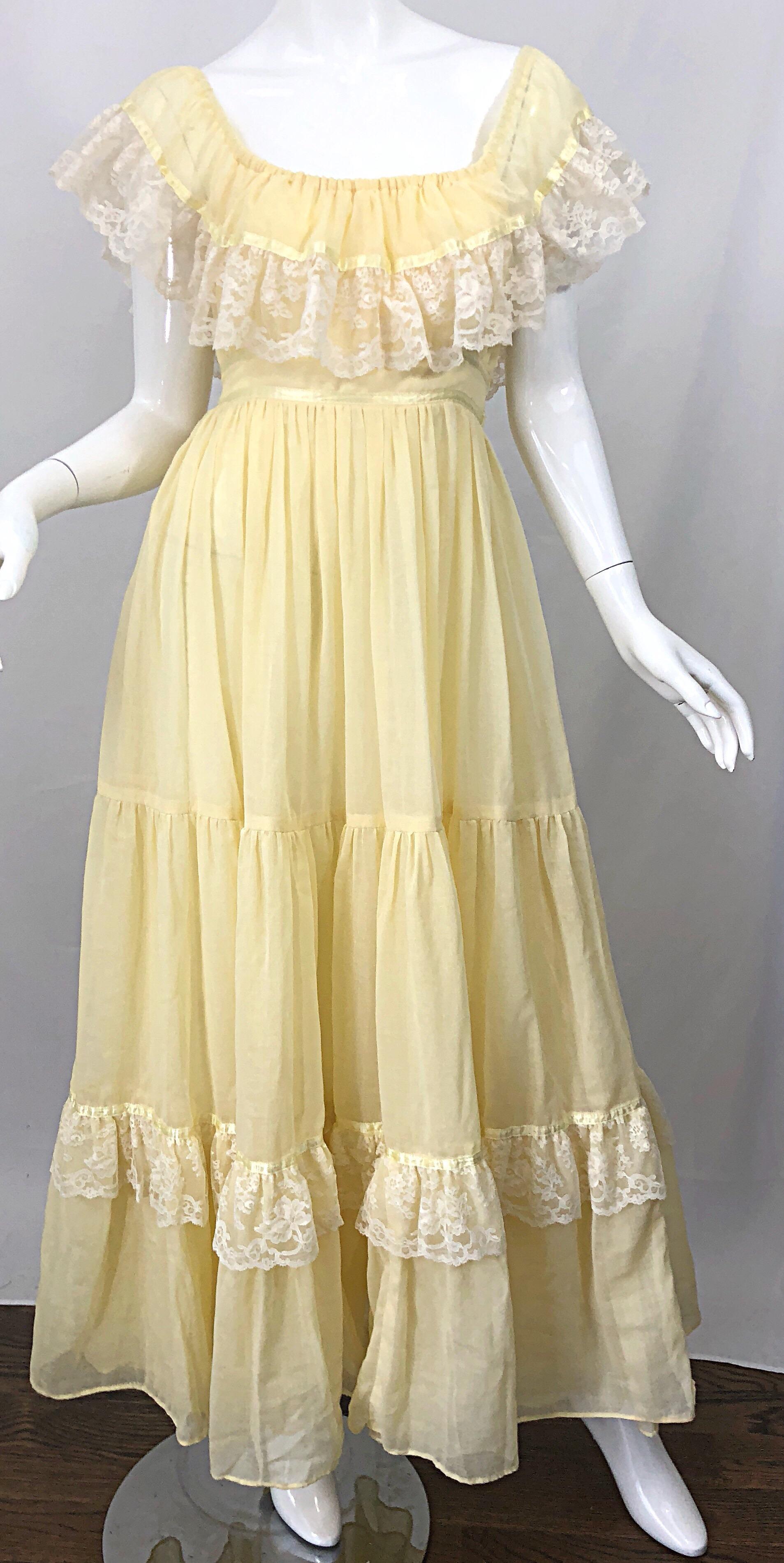 1970s Pale Light Yellow Cotton Voile + Lace Vintage Boho 70s Maxi Dress For Sale 2