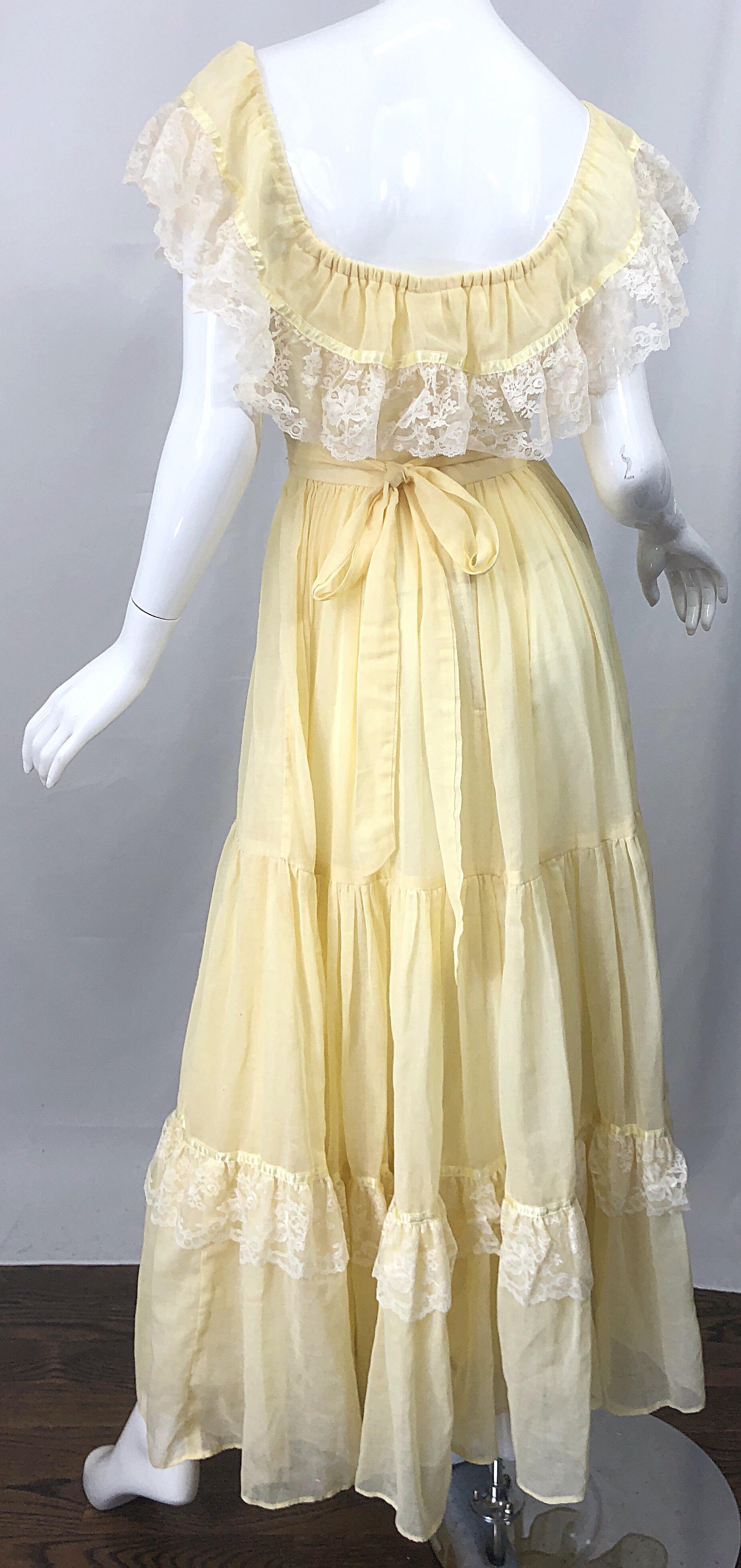 1970s Pale Light Yellow Cotton Voile + Lace Vintage Boho 70s Maxi Dress For Sale 6
