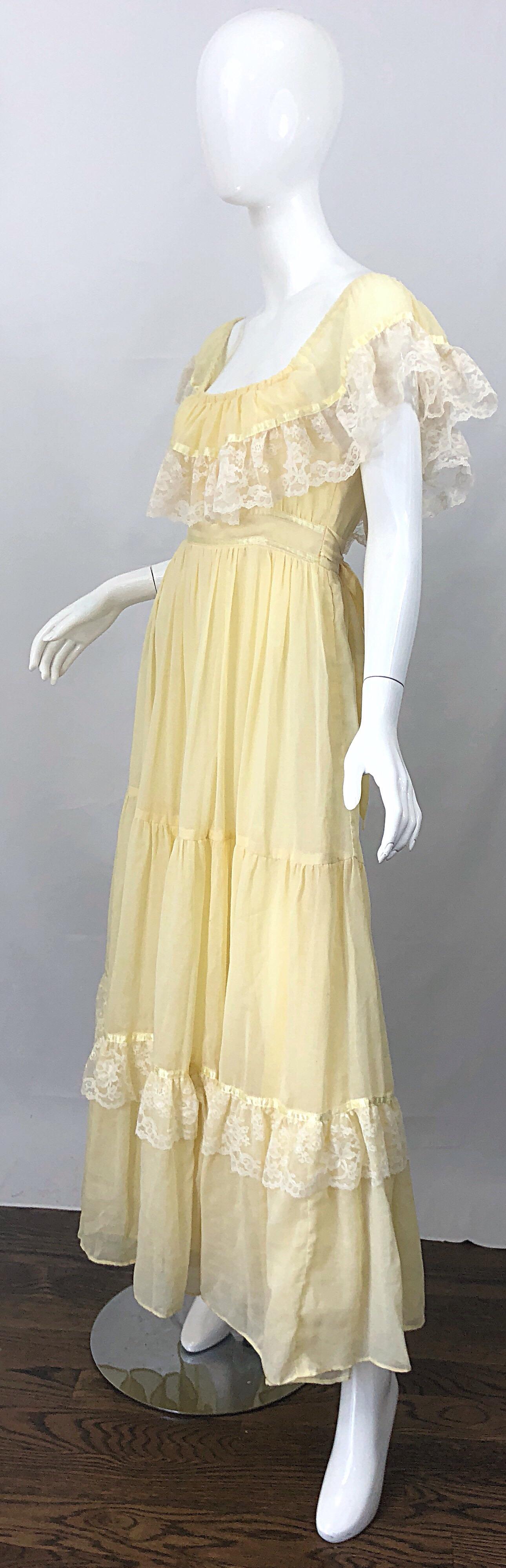 1970s Pale Light Yellow Cotton Voile + Lace Vintage Boho 70s Maxi Dress For Sale 4