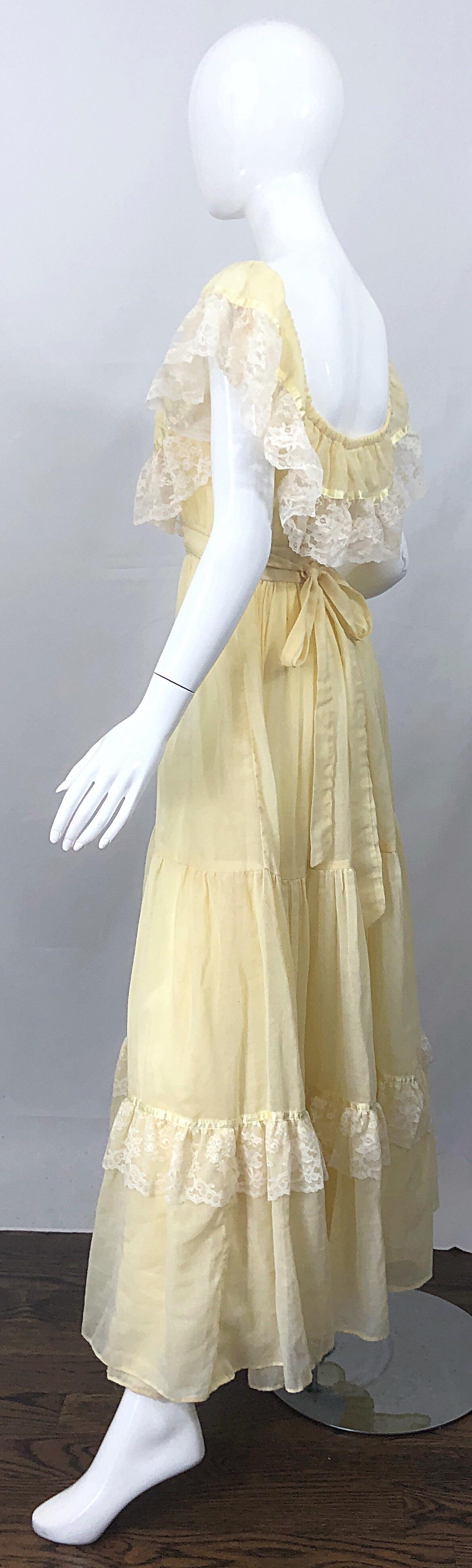 1970s Pale Light Yellow Cotton Voile + Lace Vintage Boho 70s Maxi Dress For Sale 5