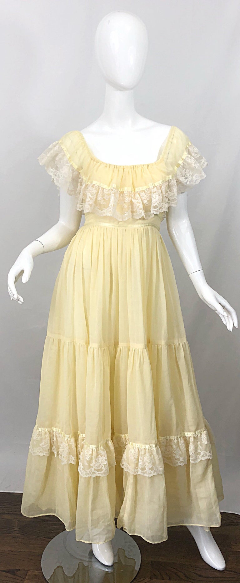 1970s Pale Light Yellow Cotton Voile + Lace Vintage Boho 70s Maxi Dress