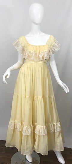 1970s Pale Light Yellow Cotton Voile + Lace Vintage Boho 70s Maxi Dress