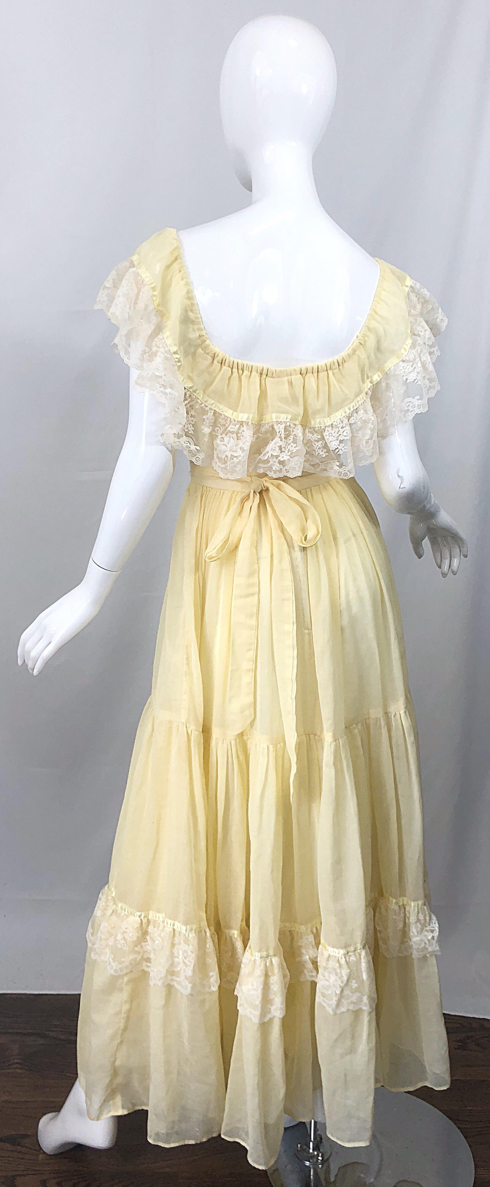 1970s Pale Light Yellow Cotton Voile + Lace Vintage Boho 70s Maxi Dress In Excellent Condition For Sale In San Diego, CA