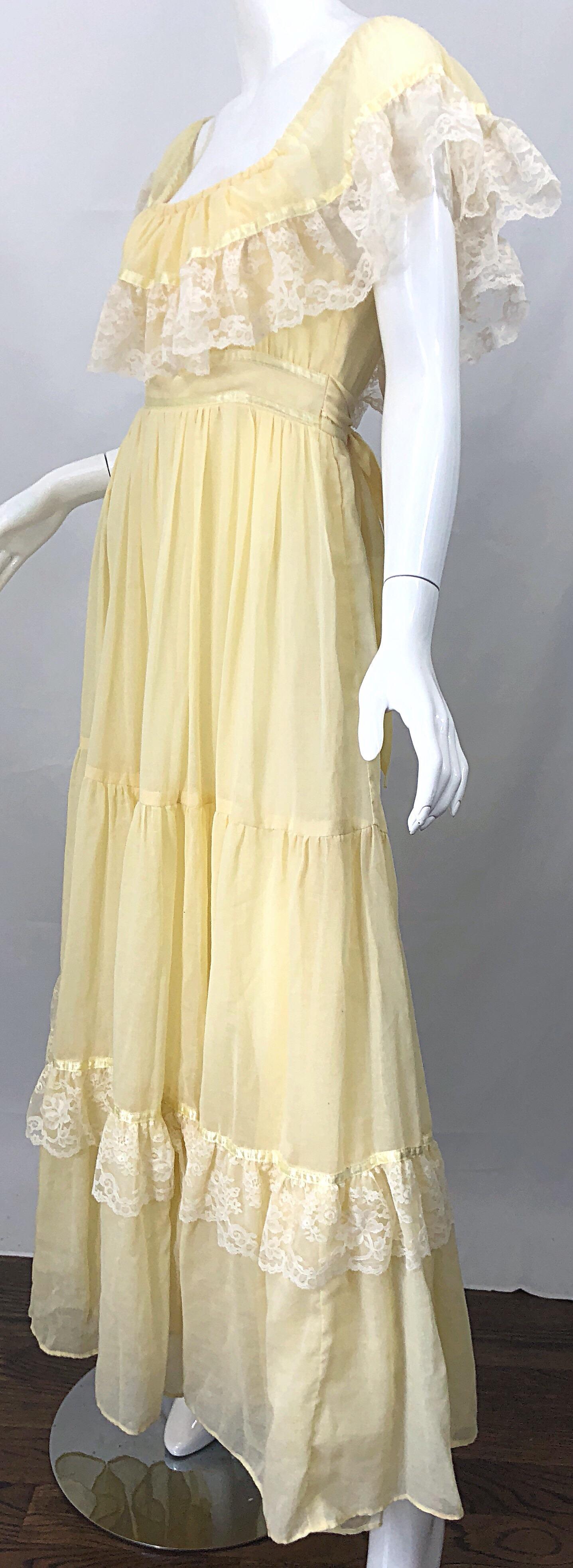 1970s Pale Light Yellow Cotton Voile + Lace Vintage Boho 70s Maxi Dress For Sale 2