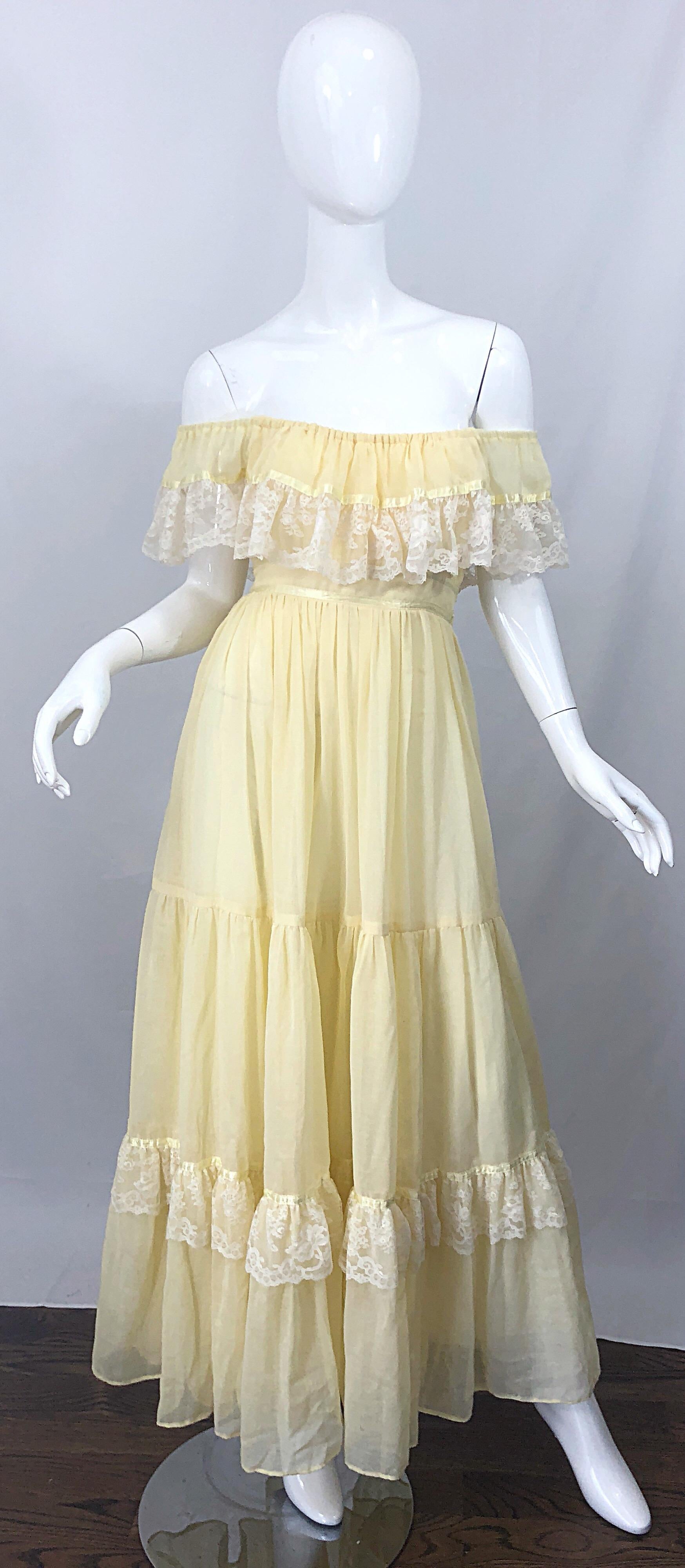 1970s Pale Light Yellow Cotton Voile + Lace Vintage Boho 70s Maxi Dress For Sale 3