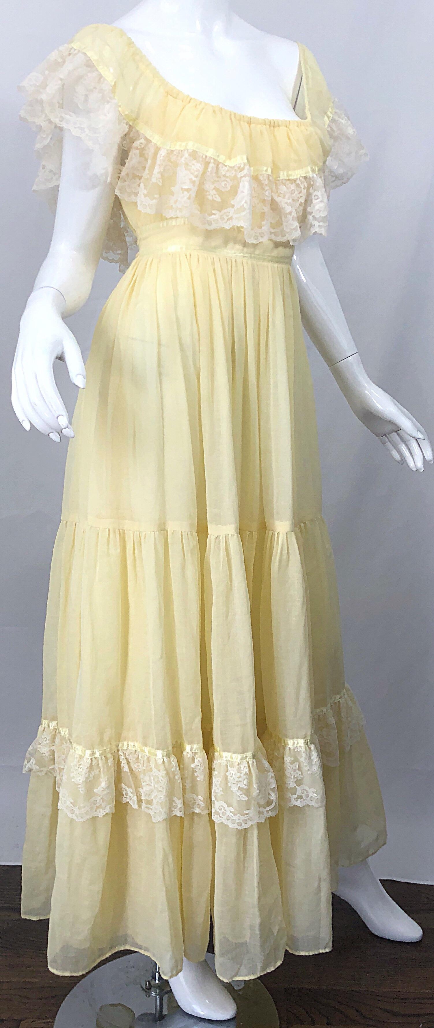 1970s Pale Light Yellow Cotton Voile + Lace Vintage Boho 70s Maxi Dress For Sale 4