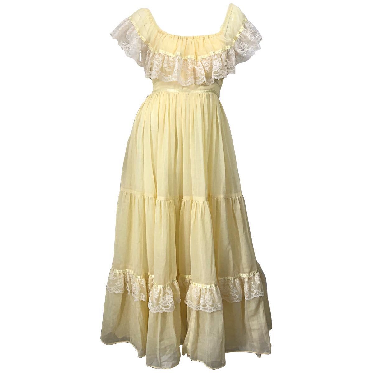 1970s Pale Light Yellow Cotton Voile + Lace Vintage Boho 70s Maxi Dress For Sale