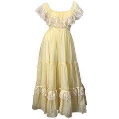 1970s Pale Light Yellow Cotton Voile + Lace Vintage Boho 70s Maxi Dress