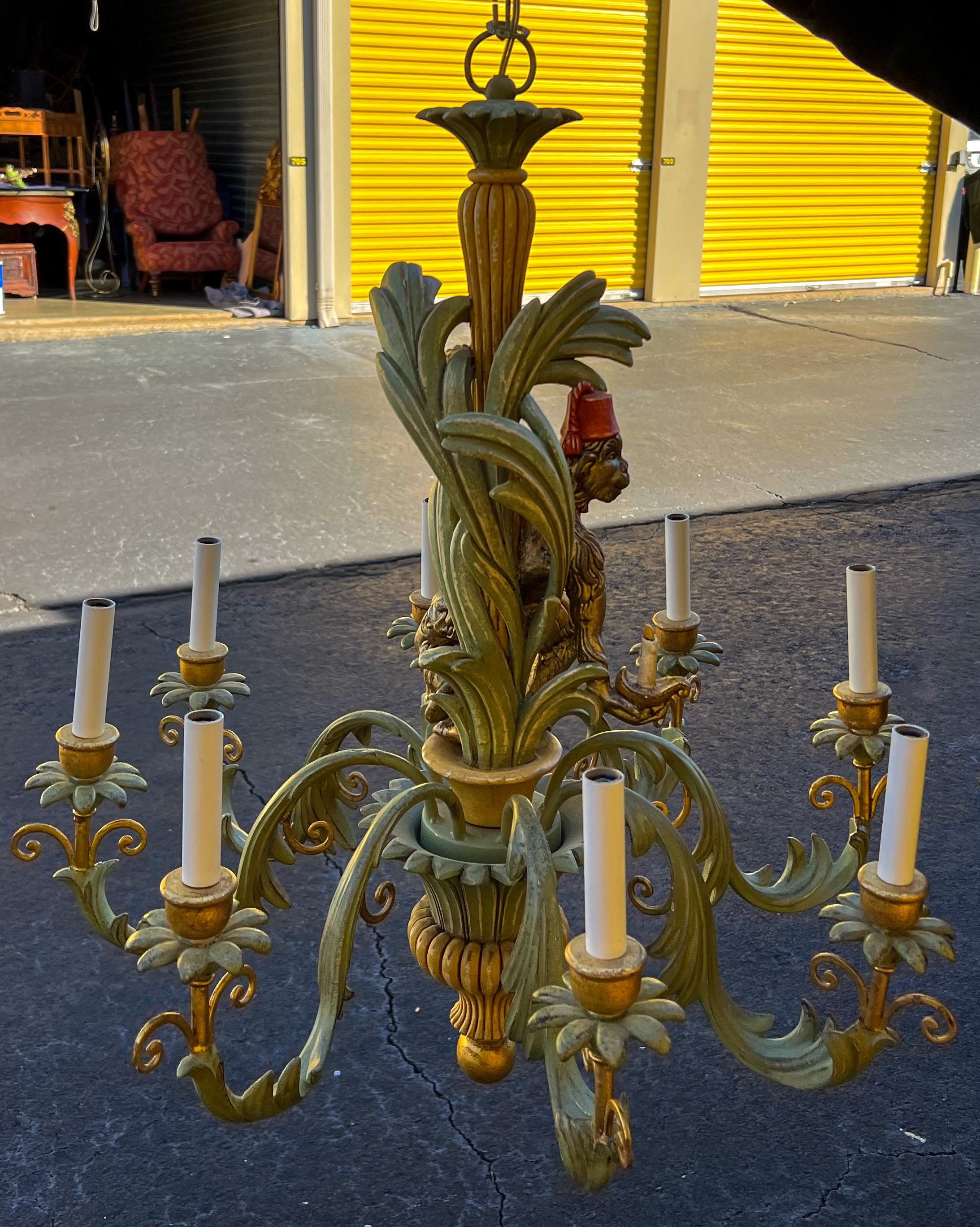 1970s Palm Beach Style Carved Wood Chinoiserie Monkey Chandelier, 8 Arms For Sale 2