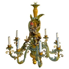 Lampadario a scimmia in stile Palm Beach anni '70 in legno intagliato, 8 bracci