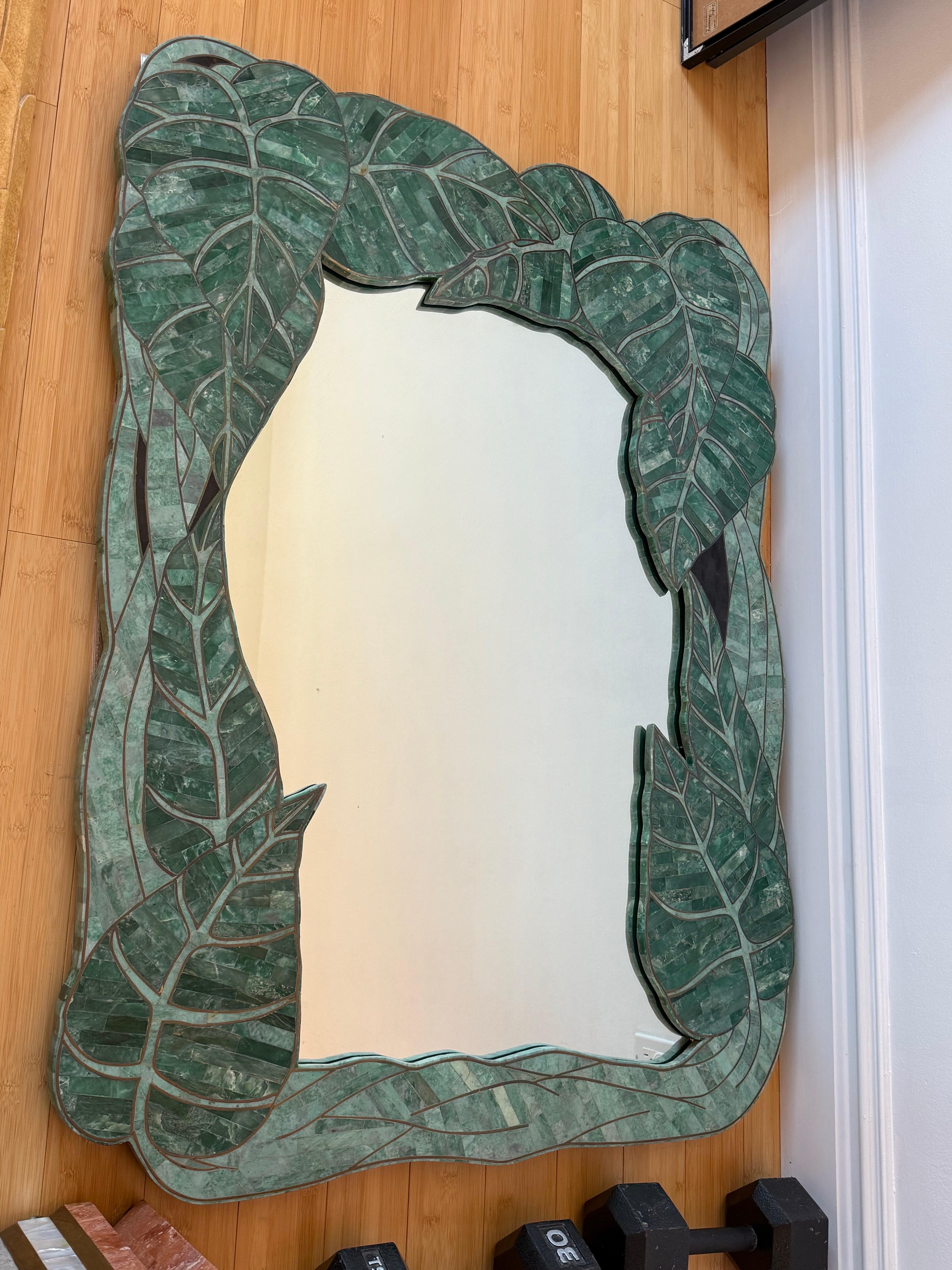 Pierre 1970 Miroir à feuilles de palmier et table console assortie dans le style de Maitland Smi en vente