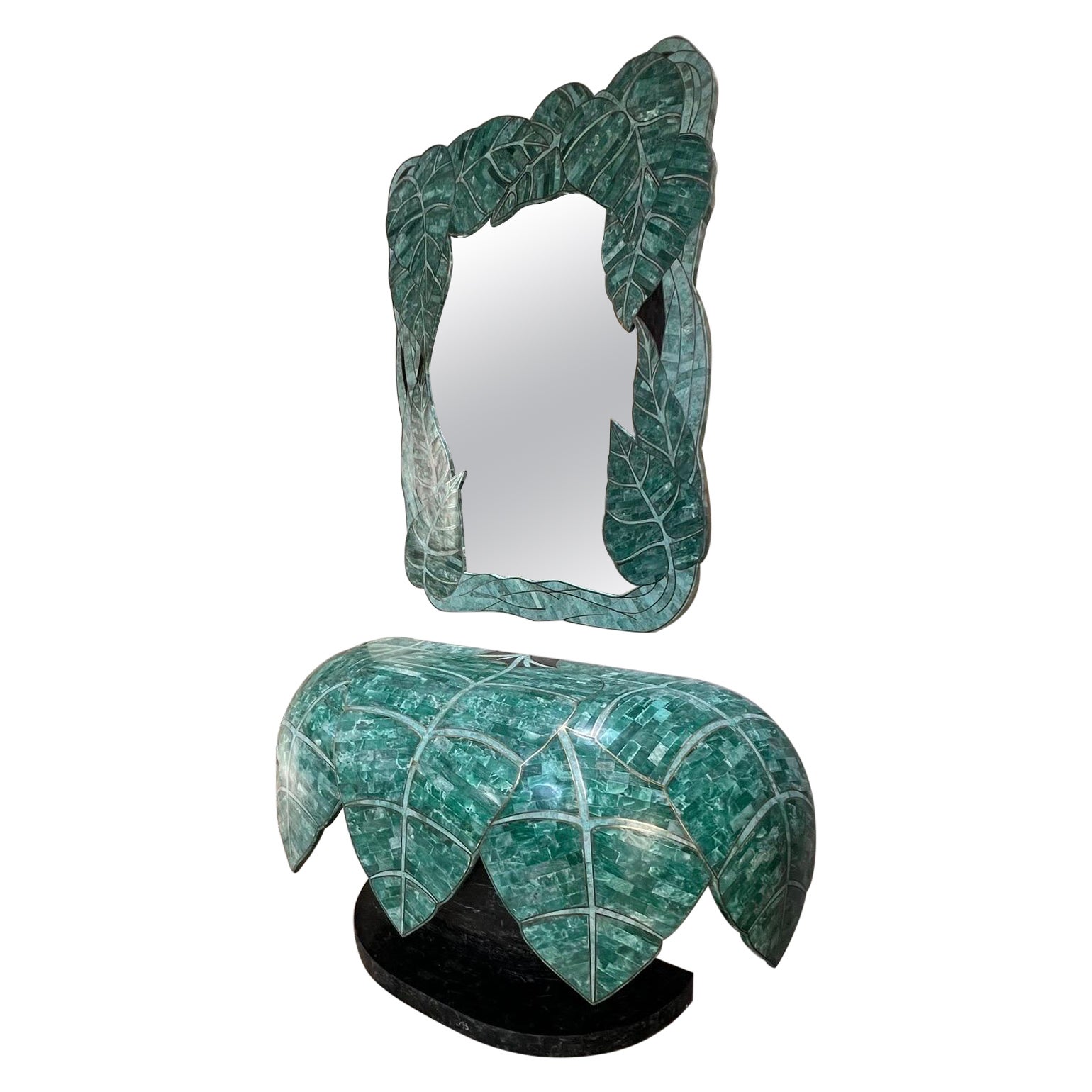 1970 Miroir à feuilles de palmier et table console assortie dans le style de Maitland Smi en vente