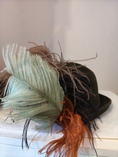 1970s Panizza royal sportman green velvet multi feathers hat size 54