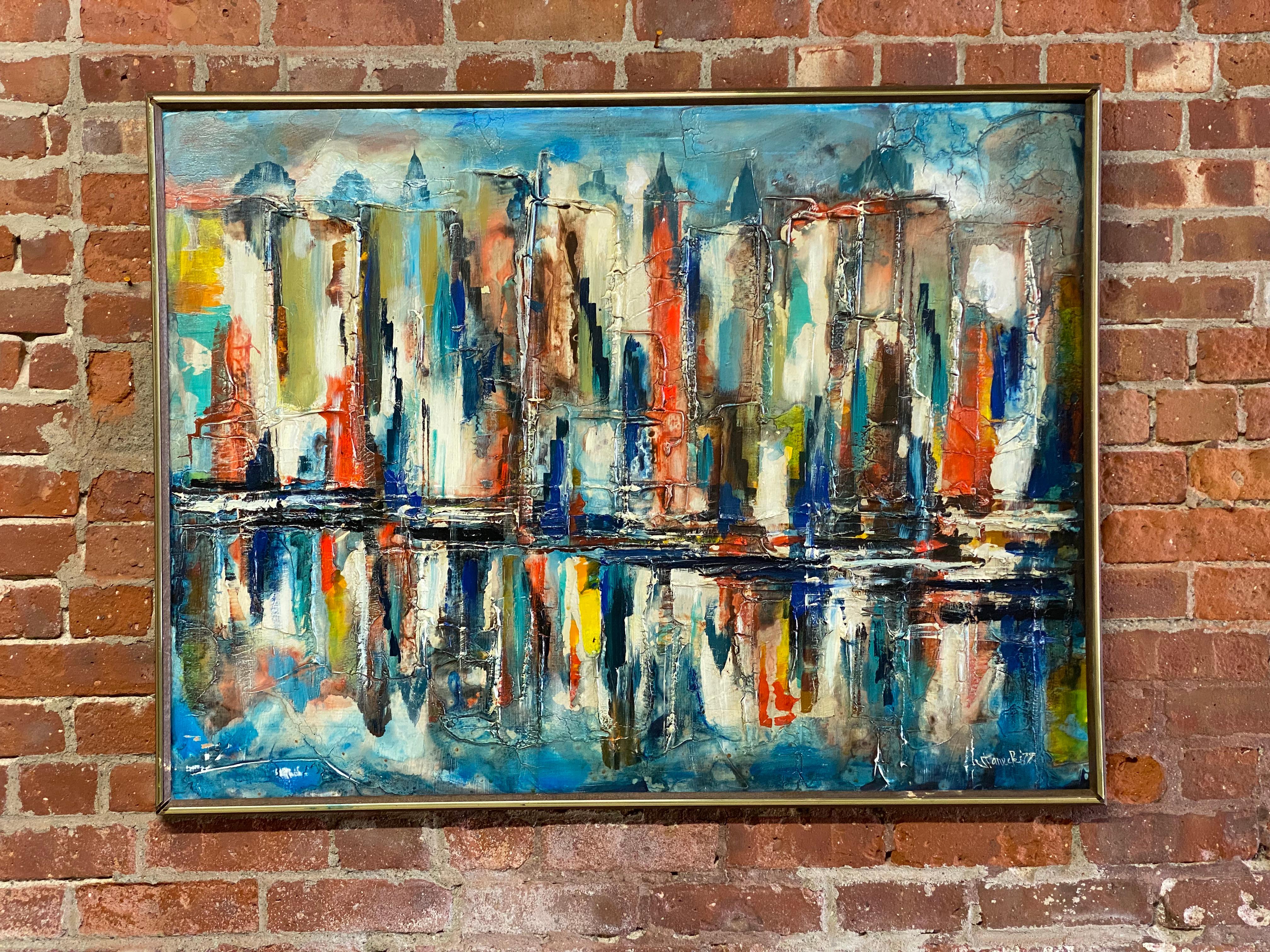 Heavy impasto palette knife cityscape painting. Signed and dated lower right, Stanecki (?), '79. Acrylic paint on masonite board. Large areas of broad color that depict buildings and skyscrapers. The mirrored affect of the buildings is also seen in