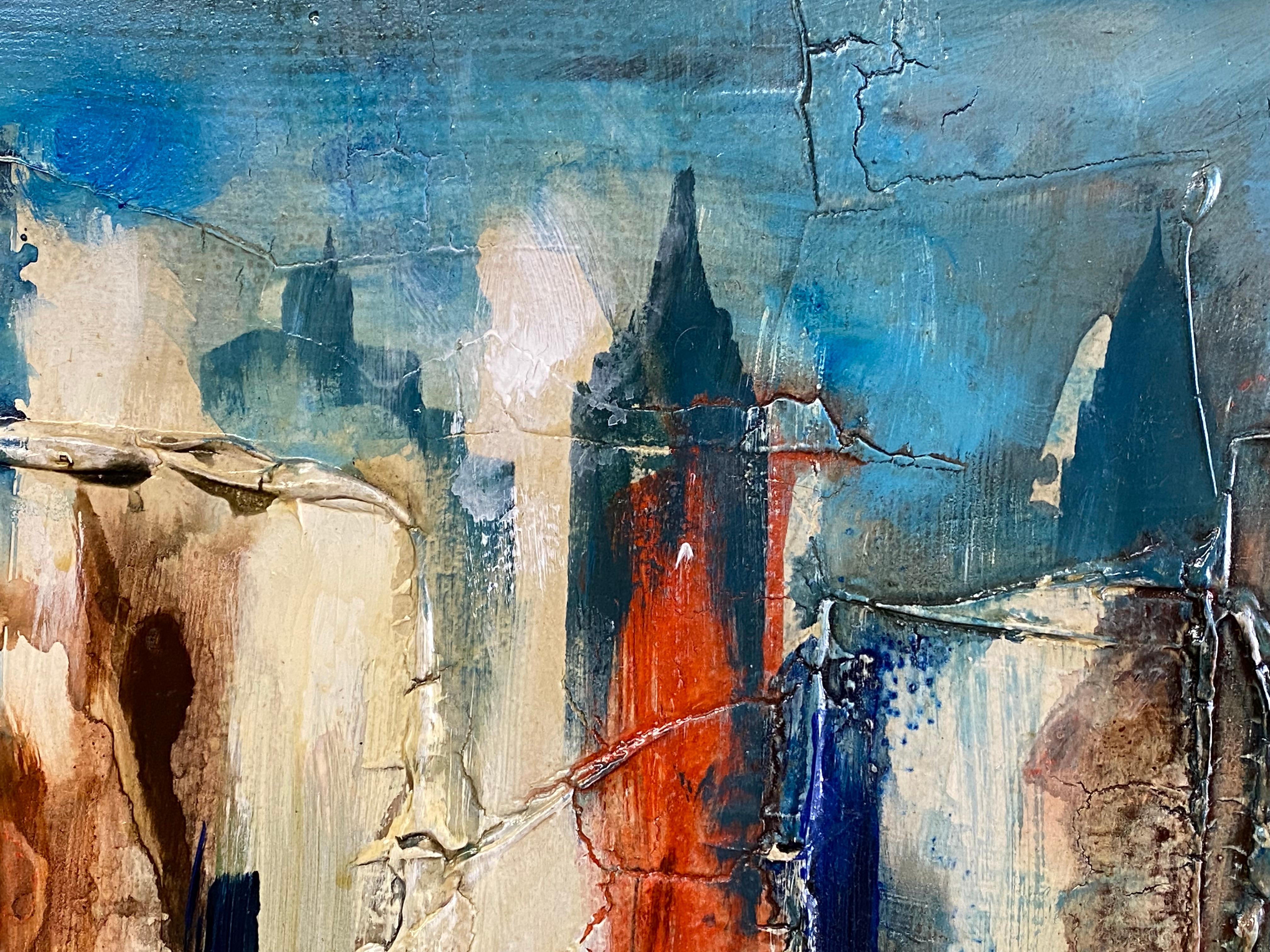 1970s Panoramic Impasto Cityscape Painting 1