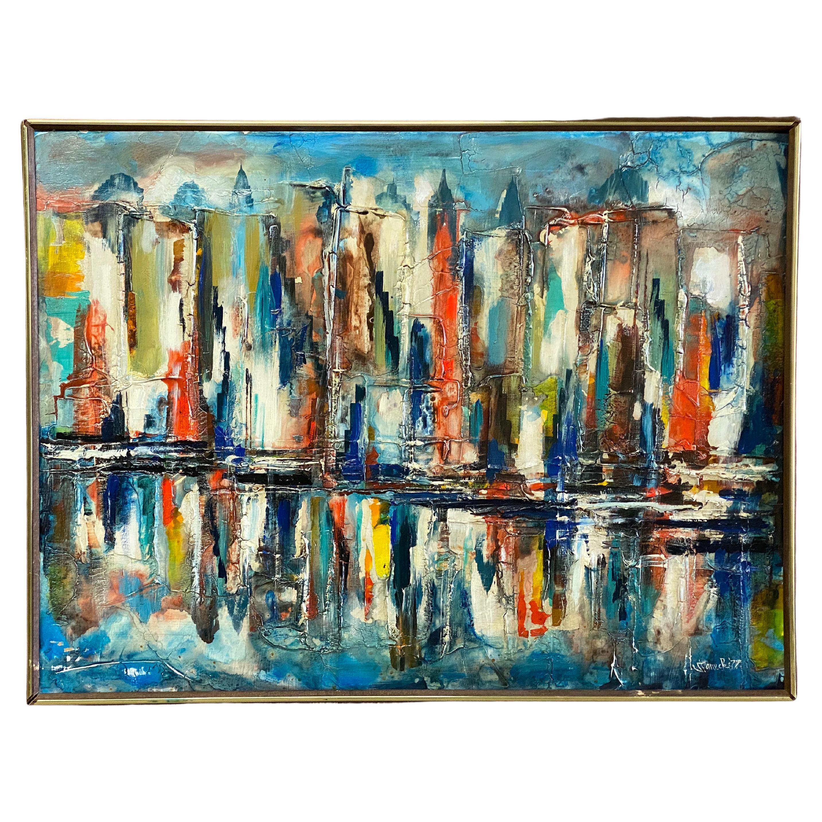 1970s Panoramic Impasto Cityscape Painting