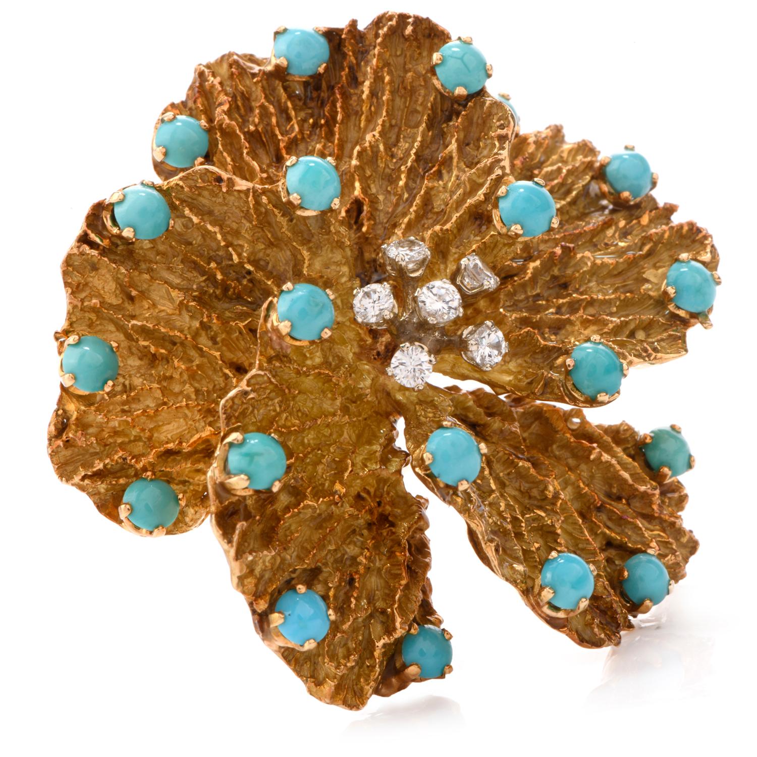 Cabochon 1970s Pansy Diamond Persian Turquoise 18 Karat Brooch Pin