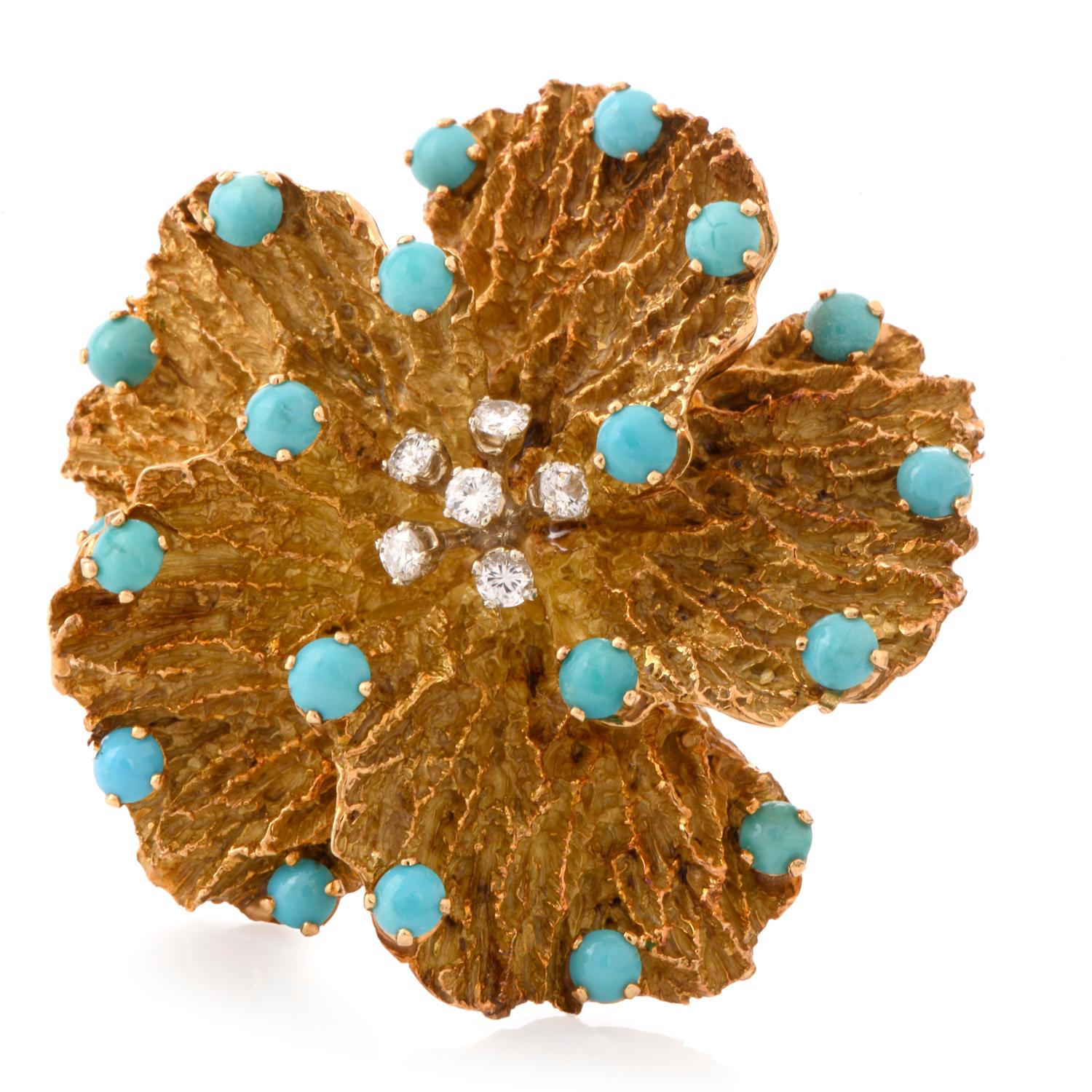 Women's 1970s Pansy Diamond Persian Turquoise 18 Karat Brooch Pin
