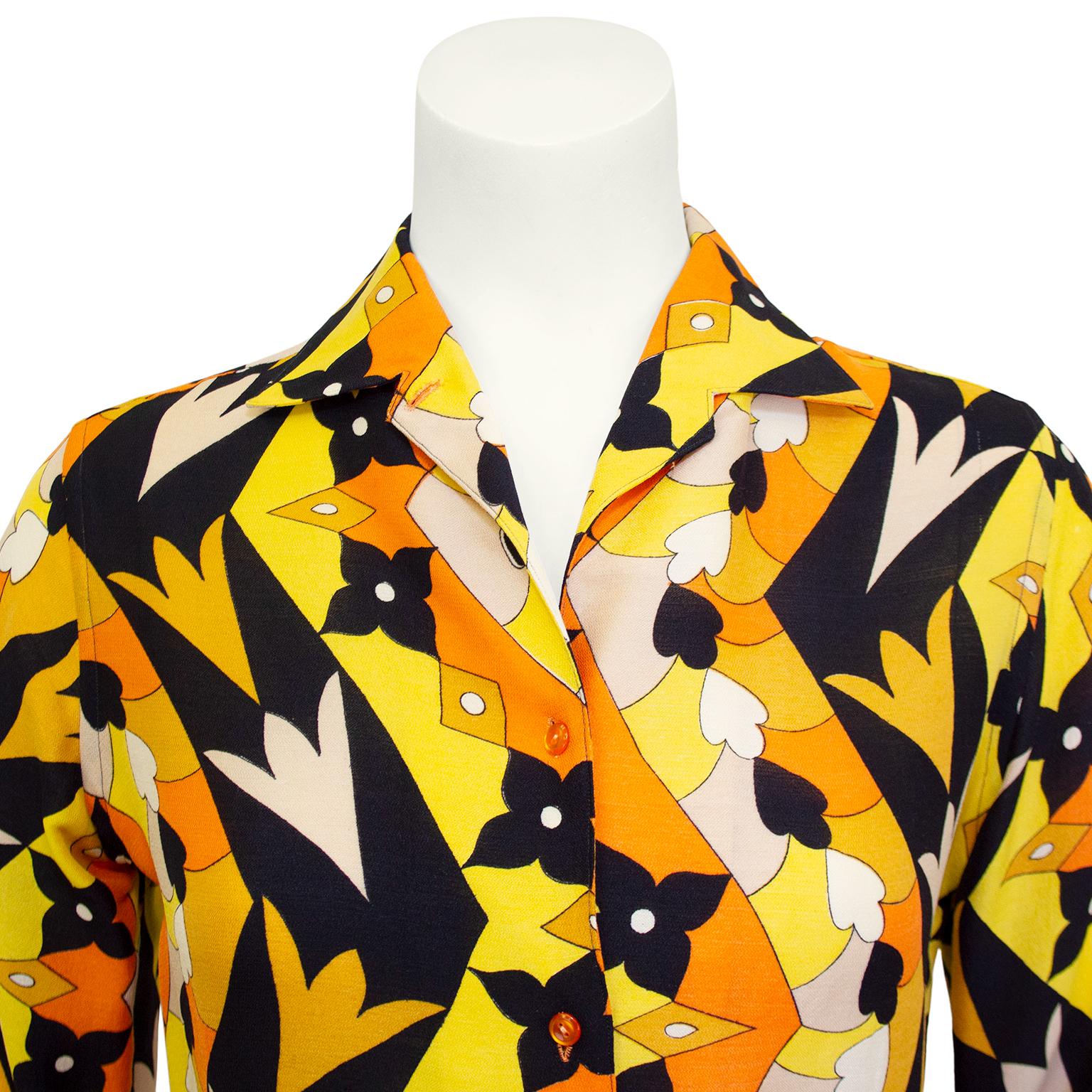 Paola Davitti Geometrische bedruckte Bluse mit Gürtel in Orange, Gelb und Schwarz, 1970er Jahre Damen im Angebot