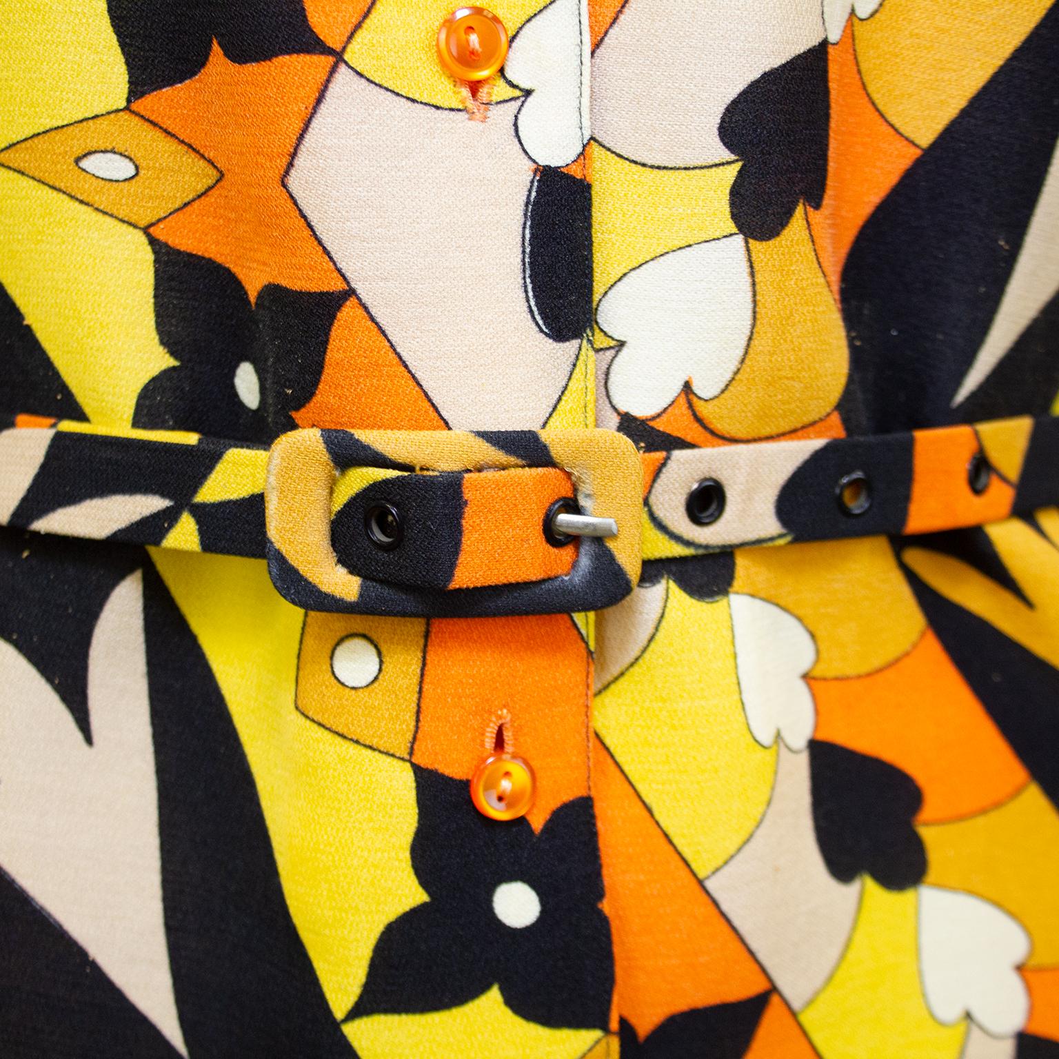 1970s Paola Davitti Belted Orange, Yellow and Black Geometric Printed Blouse For Sale 1