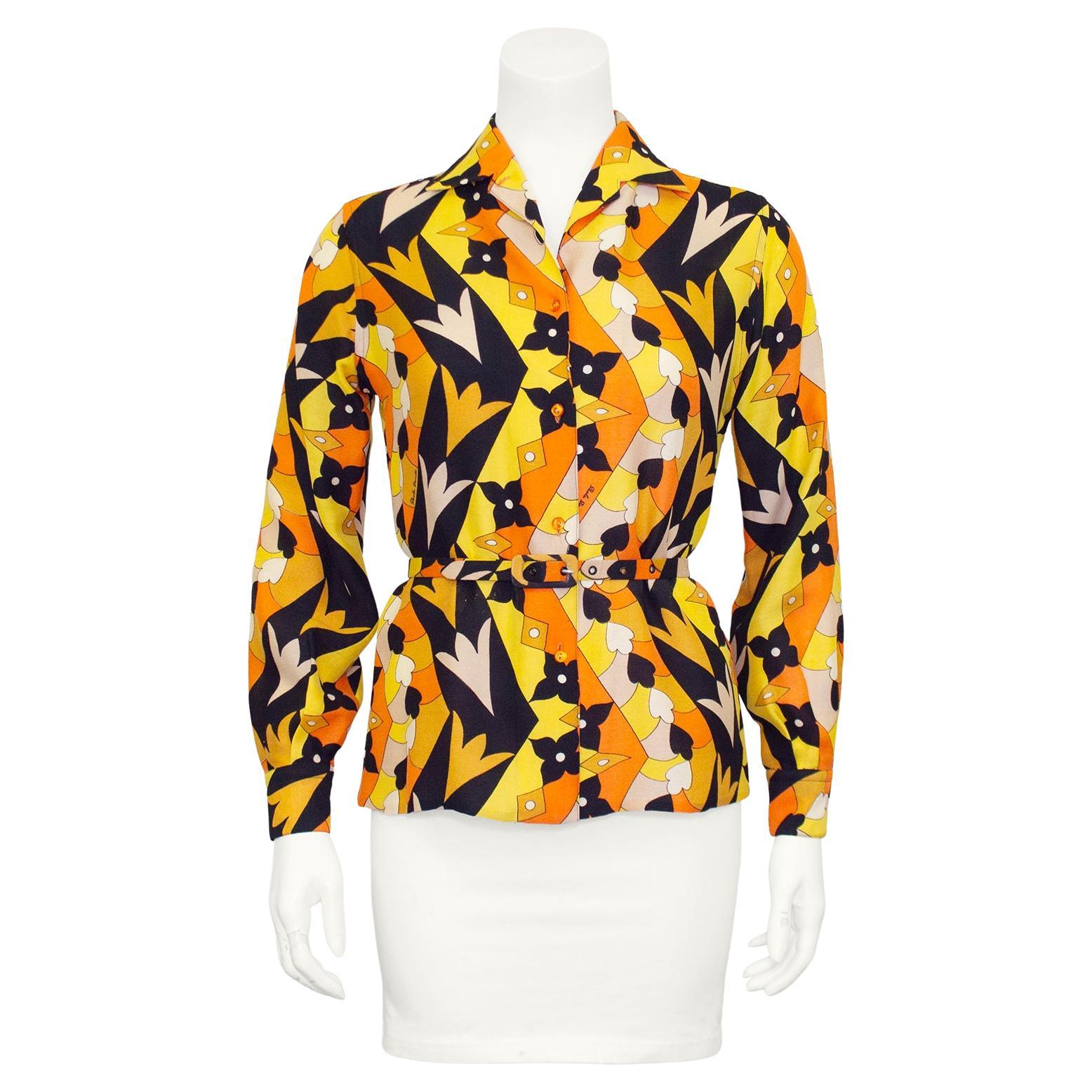 1970s Paola Davitti Belted Orange, Yellow and Black Geometric Printed Blouse For Sale